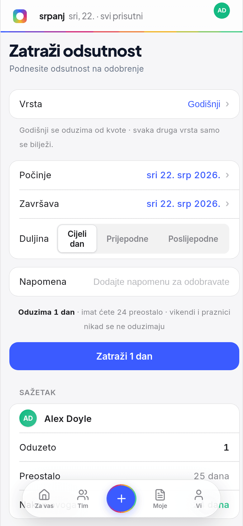 Traženje godišnjeg s mobitela u Book Time Off, s odbitkom od prava i izborom cijelog ili pola dana