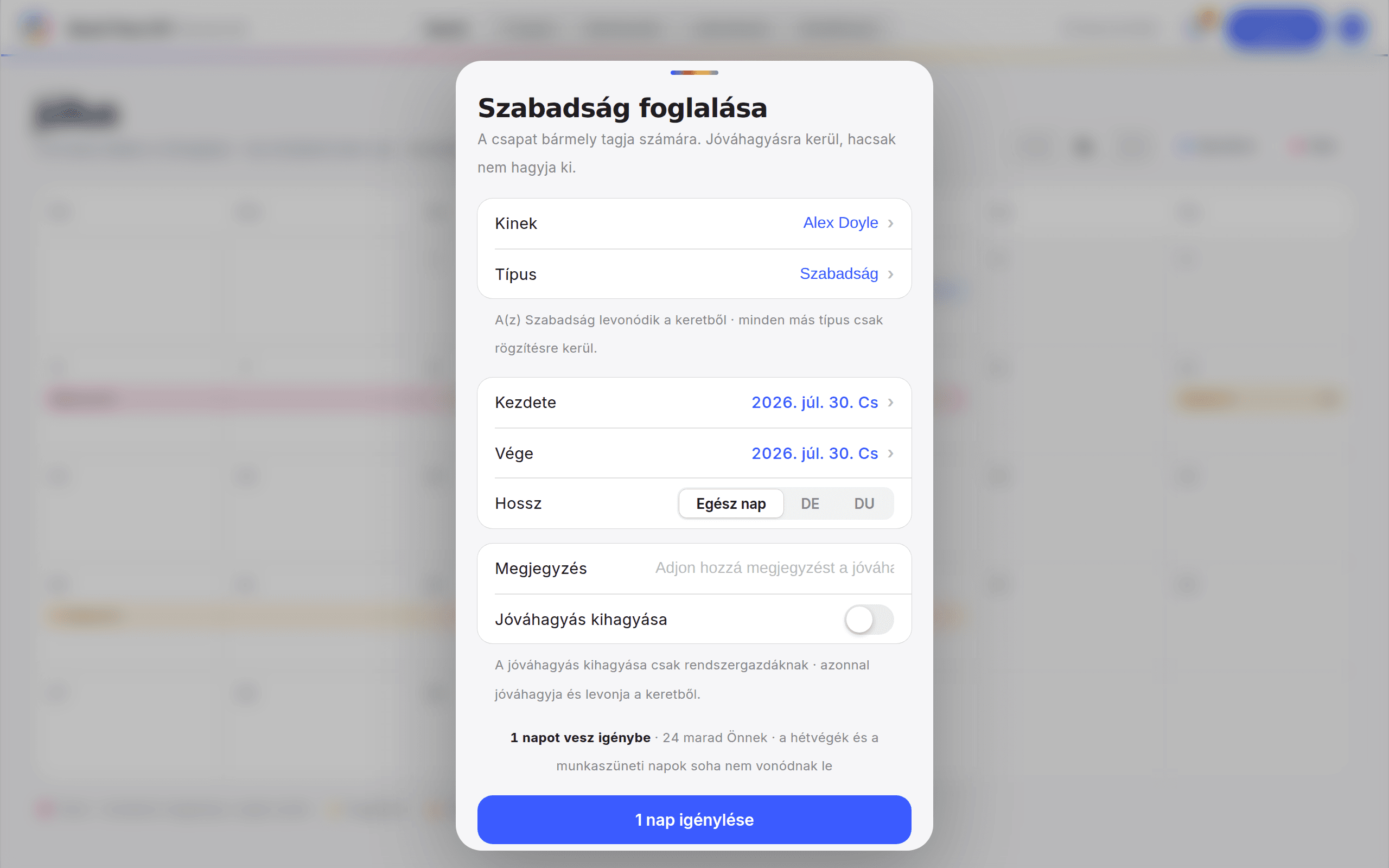 A foglalási lap a Kinek sorral és a szabadság típusával