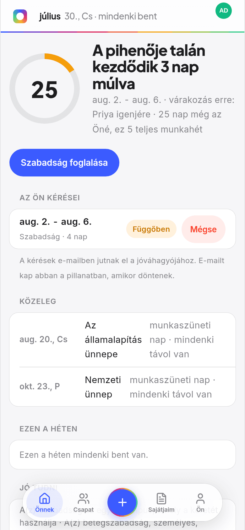 A munkatársi kezdőképernyő a Book Time Offban, ahol egy gyűrűn látszanak a hátralévő napok, a közelgő szabadságok és az, ki van szabin ezen a héten