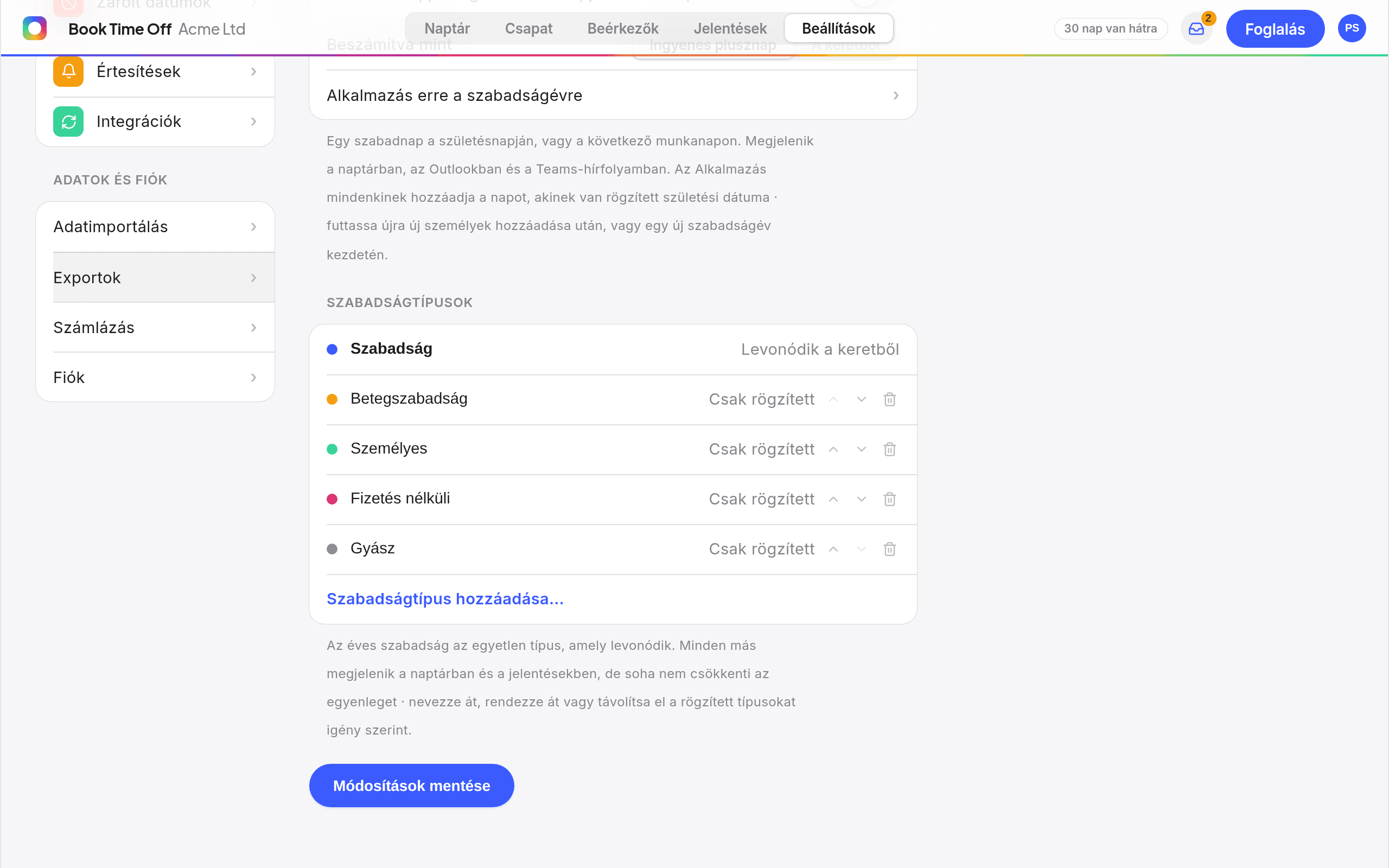 A Szabadságtípusok beállítások a szerkeszthető listával és a Szabadságtípus hozzáadása gombbal