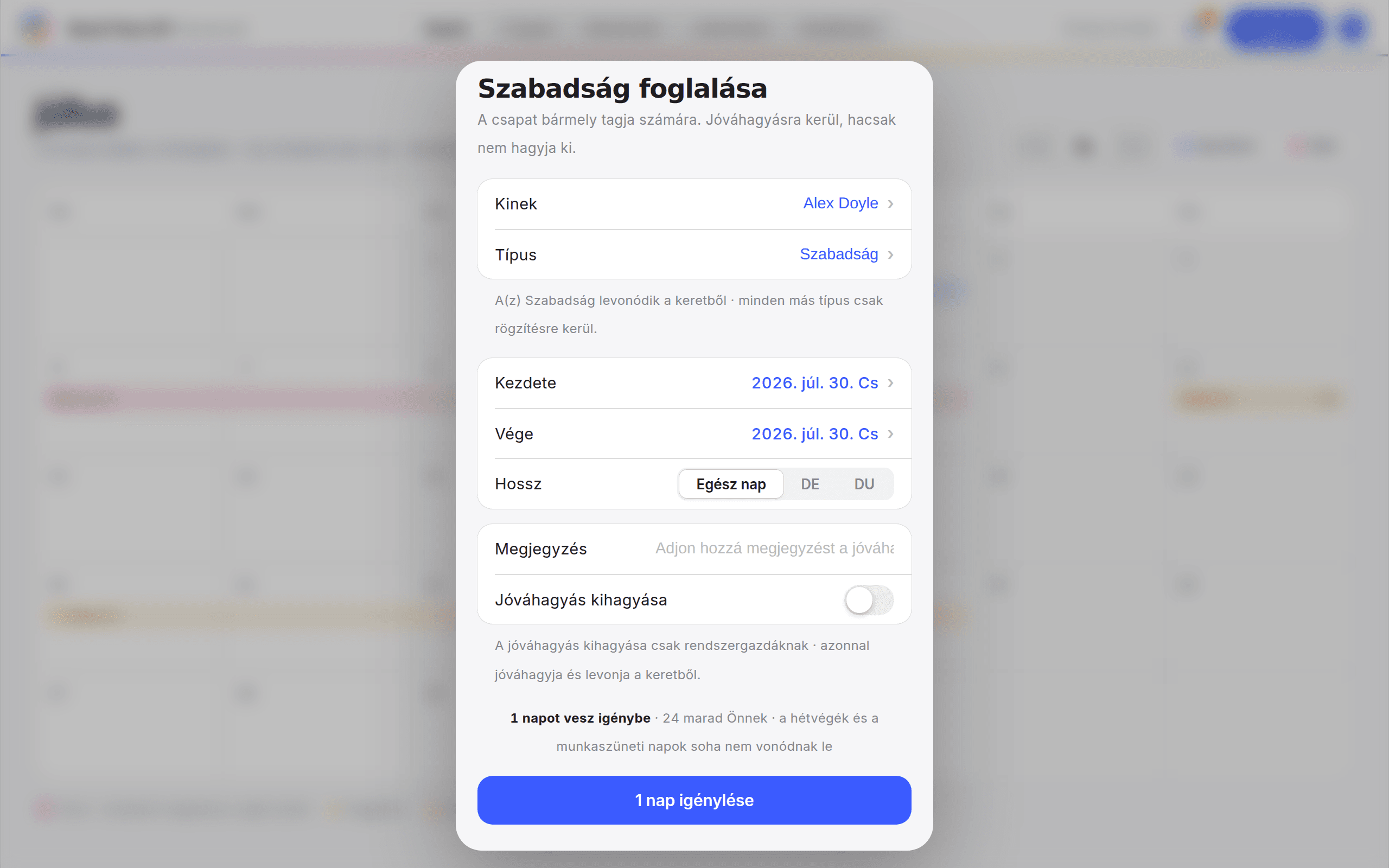A Szabadság hozzáadása űrlap a múltbeli dátumokkal és a Jóváhagyás kihagyása kapcsolóval