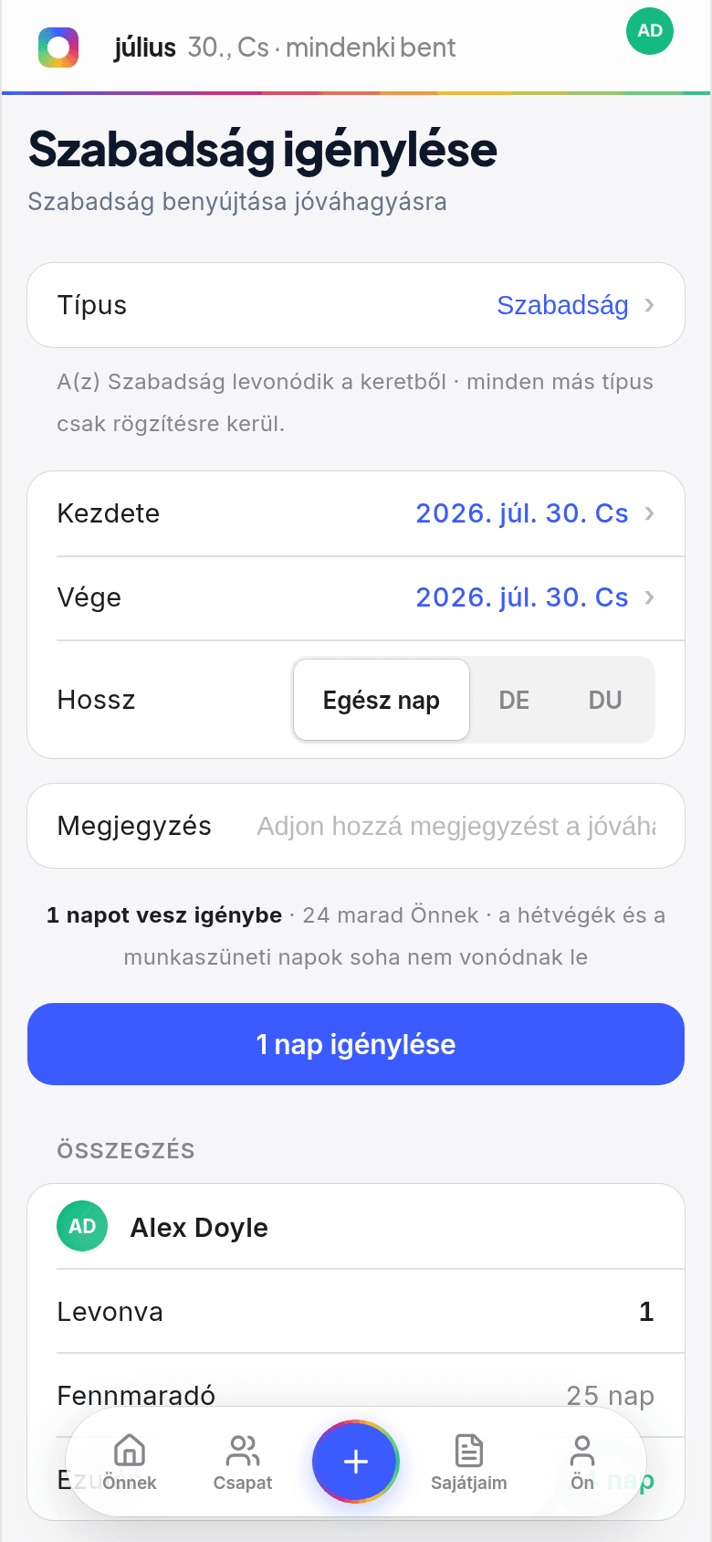 Szabadságkérés telefonról a Book Time Offban, ahol a szabadság levonódik a keretből, és választhatsz egész vagy fél napot