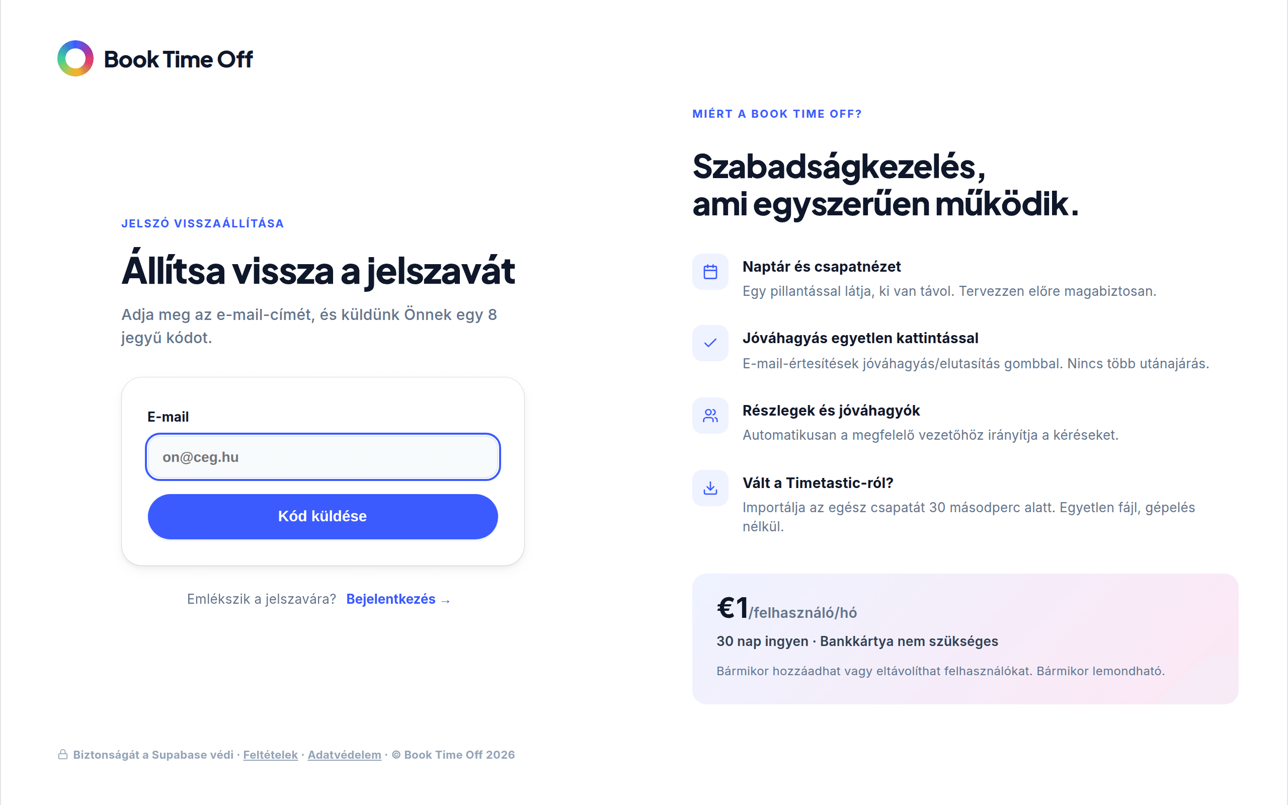 A Jelszó visszaállítása képernyő egy e-mail mezővel és a Kód küldése gombbal