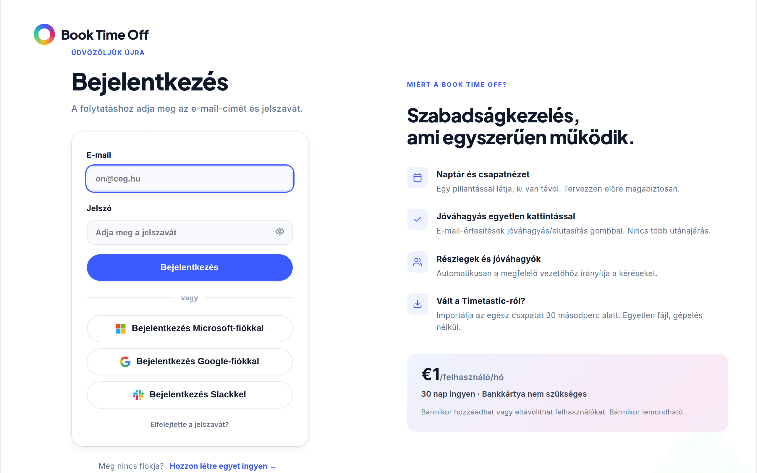 A bejelentkezési képernyő az e-mail, jelszó és egy Bejelentkezés Microsofttal gombbal