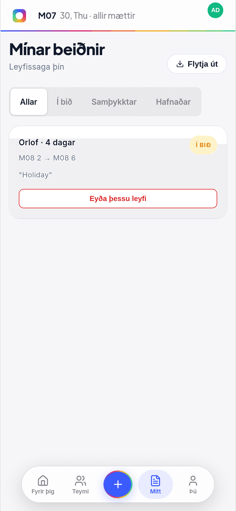 Mínar beiðnir-skjárinn í síma sem sýnir beiðni sem bíður með Eyða þessu leyfi-hnappi