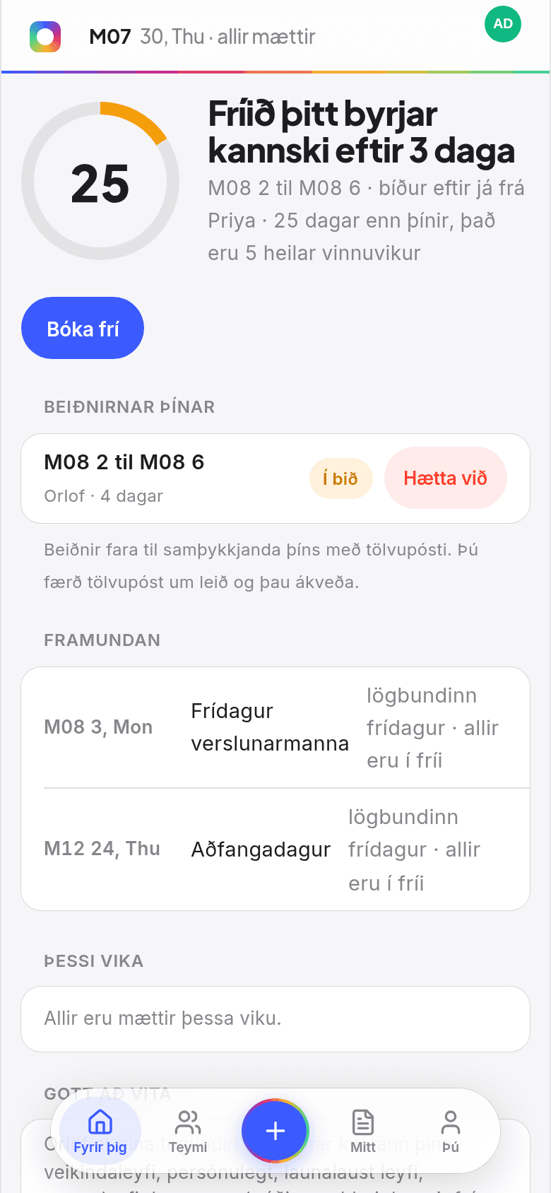 Heimaskjár Book Time Off í síma, sem sýnir árshringinn, daga eftir og fljótandi stikuna