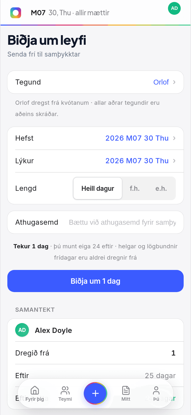 Orlofsbeiðni úr síma í Book Time Off, með dögum sem dragast af réttinum og vali um heilan eða hálfan dag