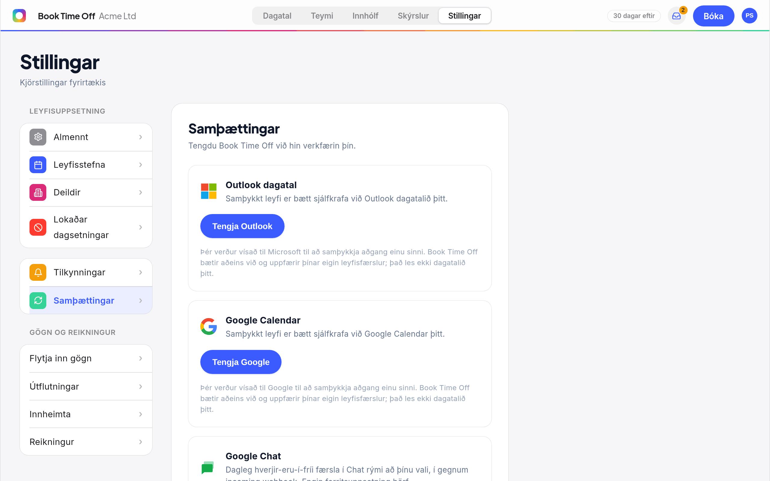 Samþættingastillingar sem sýna Outlook dagatal tengivalkostinn