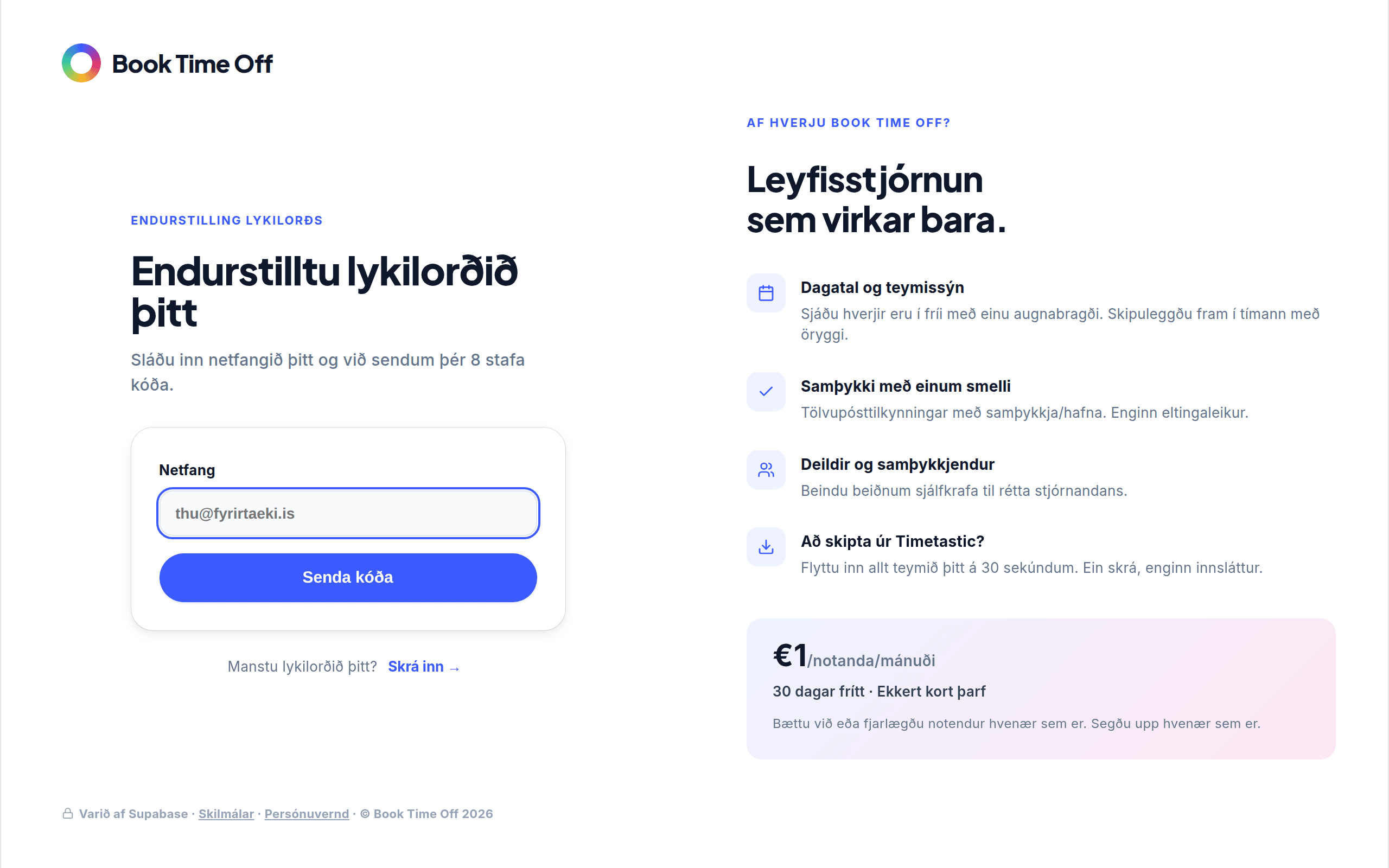 Endurstilltu lykilorðið-skjárinn með netfangareit og Senda kóða-hnappi