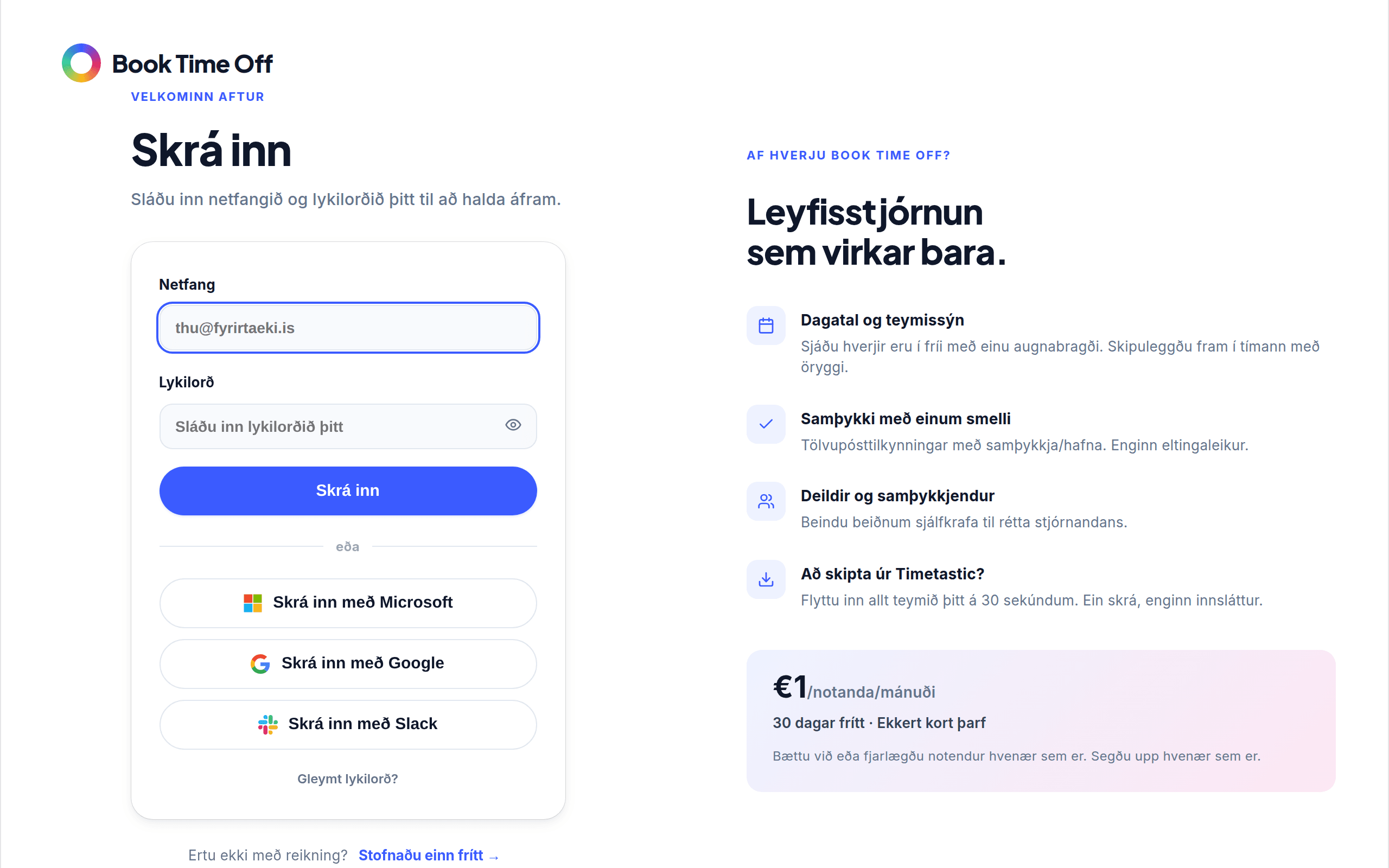 Innskráningarskjárinn með netfangi, lykilorði og Skrá inn með Microsoft-hnappi