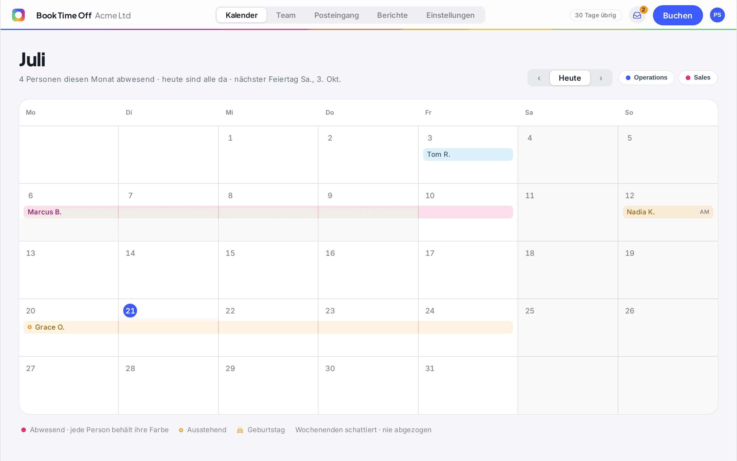 Gemeinsamer Book Time Off Kalender für Juni mit Abwesenheiten, offenen Anträgen, Geburtstagen und dem nächsten Feiertag