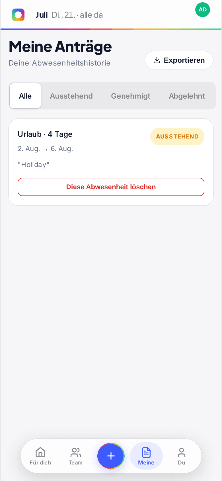 Der Bildschirm Meine Anfragen auf einem Telefon mit einer offenen Anfrage und einer Schaltfläche Diese Abwesenheit löschen