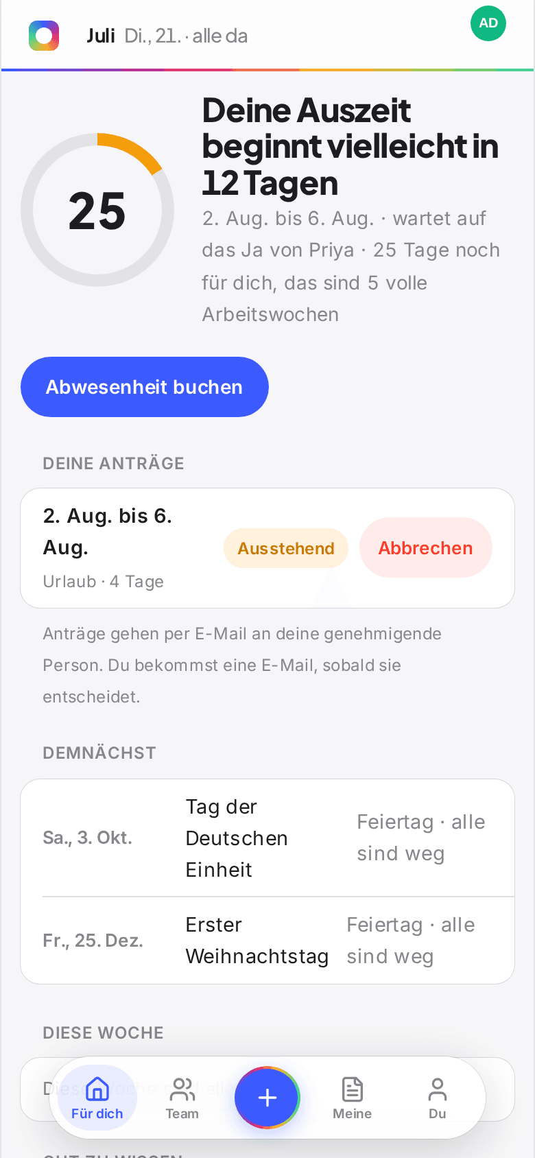 Der Startbildschirm für Mitarbeitende in Book Time Off mit Resttagen im Ring, anstehenden Ferien und der Übersicht, wer diese Woche frei hat