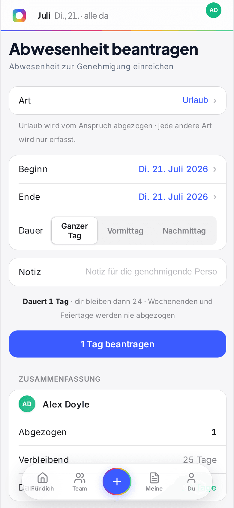 Ferienantrag vom Handy in Book Time Off, mit Abzug vom Anspruch und Wahl zwischen ganzem und halbem Tag