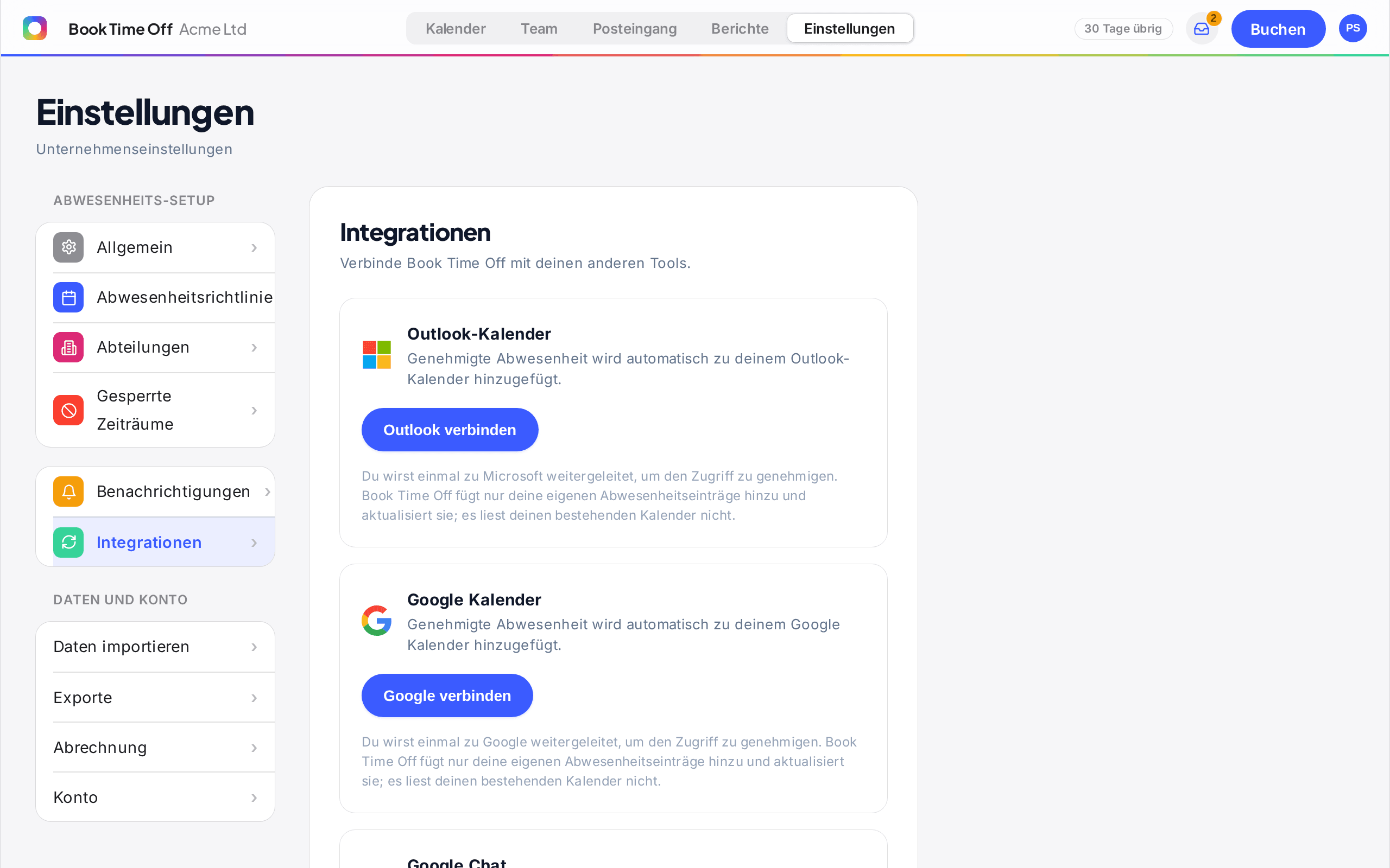 Die Integrationseinstellungen mit der Option zum Verbinden des Outlook-Kalenders