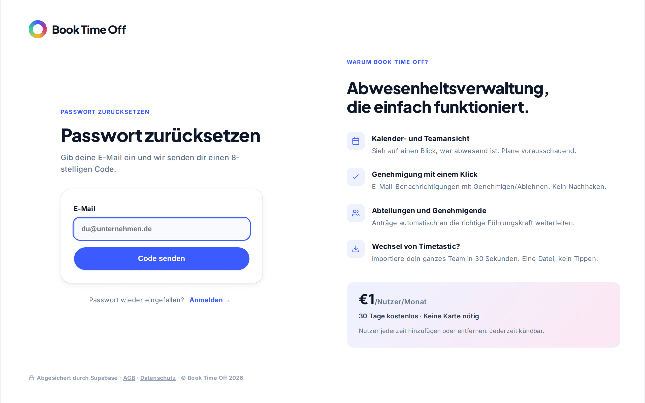 Der Bildschirm Passwort zurücksetzen mit einem E-Mail-Feld und einer Schaltfläche Code senden