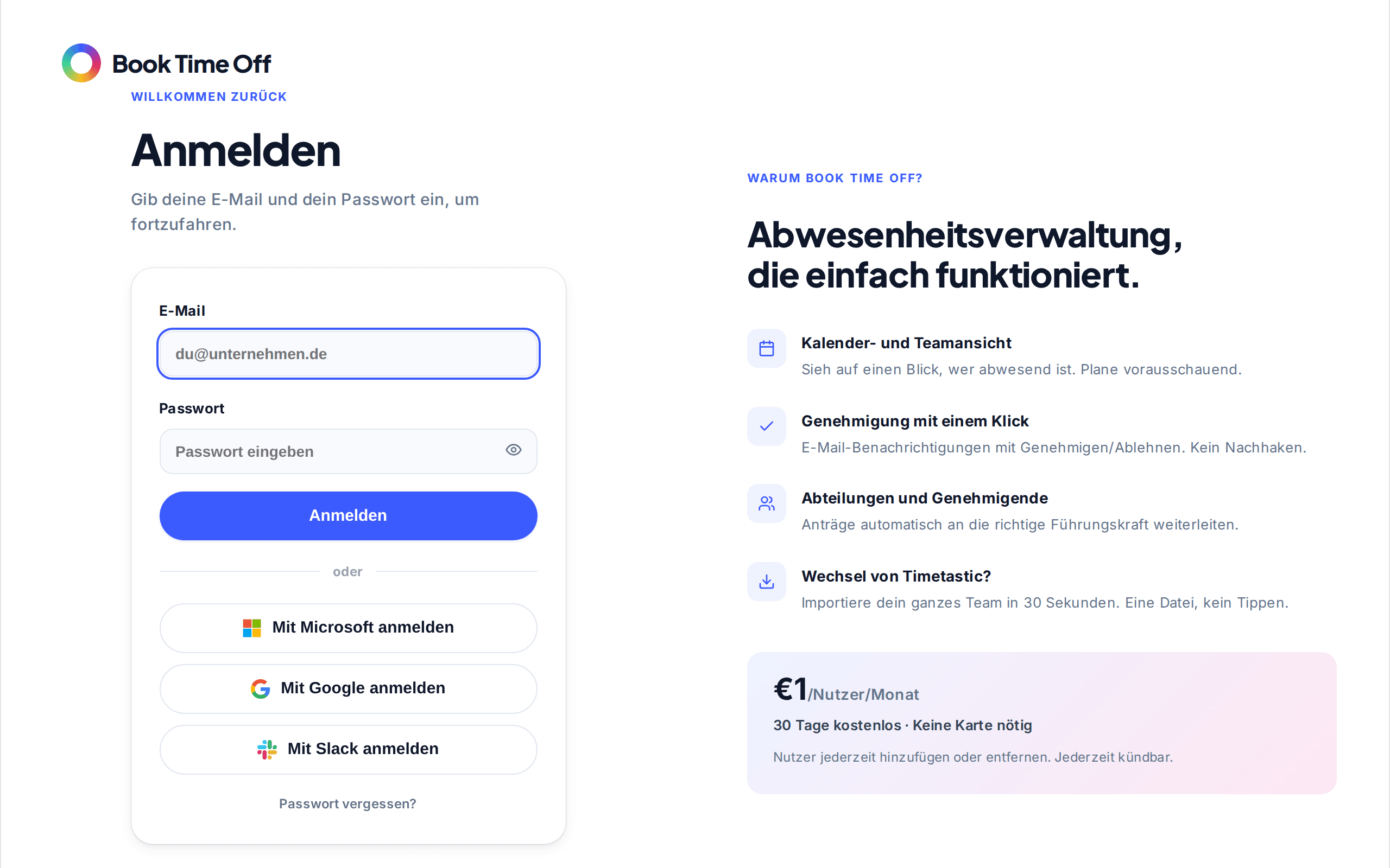 Der Anmeldebildschirm mit E-Mail, Passwort und einer Schaltfläche Mit Microsoft anmelden