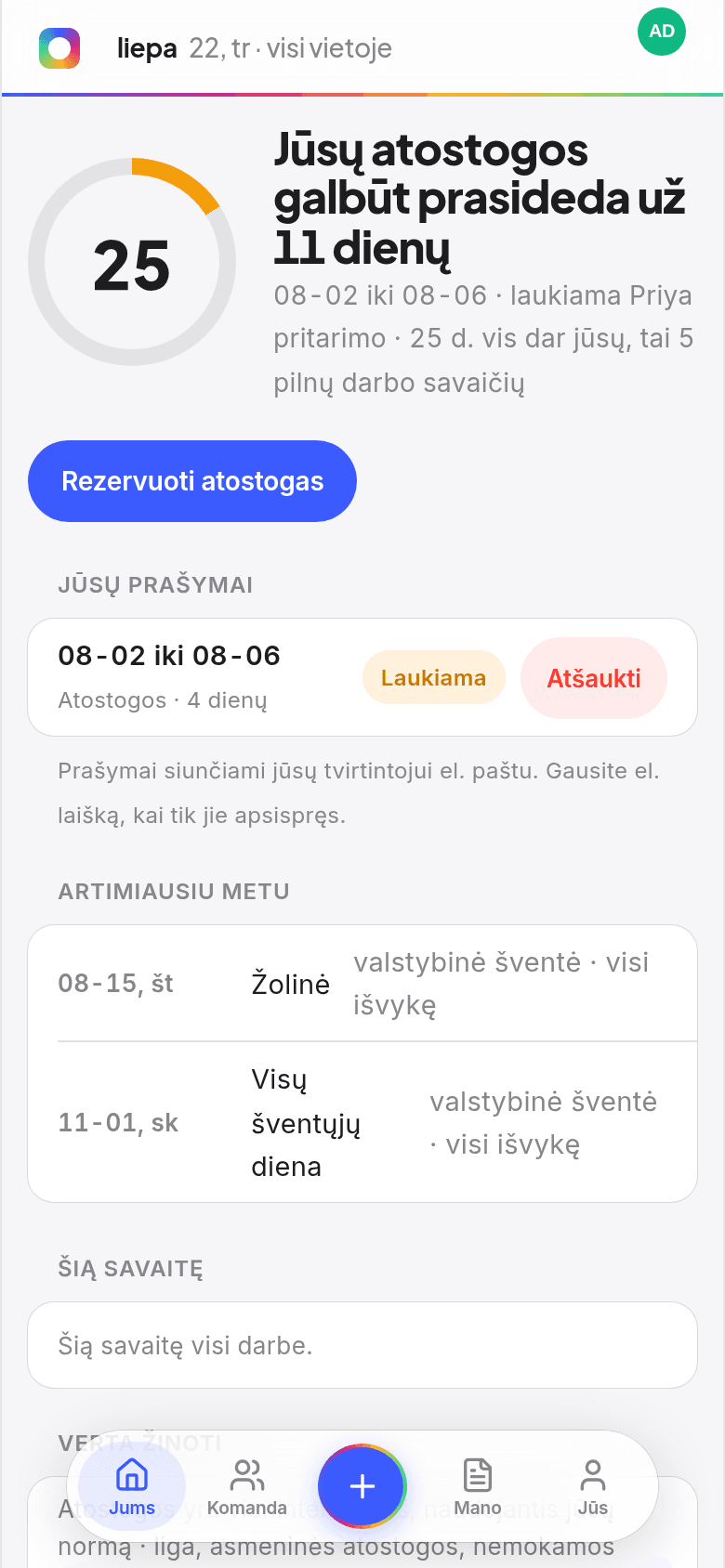 Darbuotojo pradžios ekranas Book Time Off su likusiomis dienomis žiede, artėjančiomis atostogomis ir tuo, kas šią savaitę atostogauja