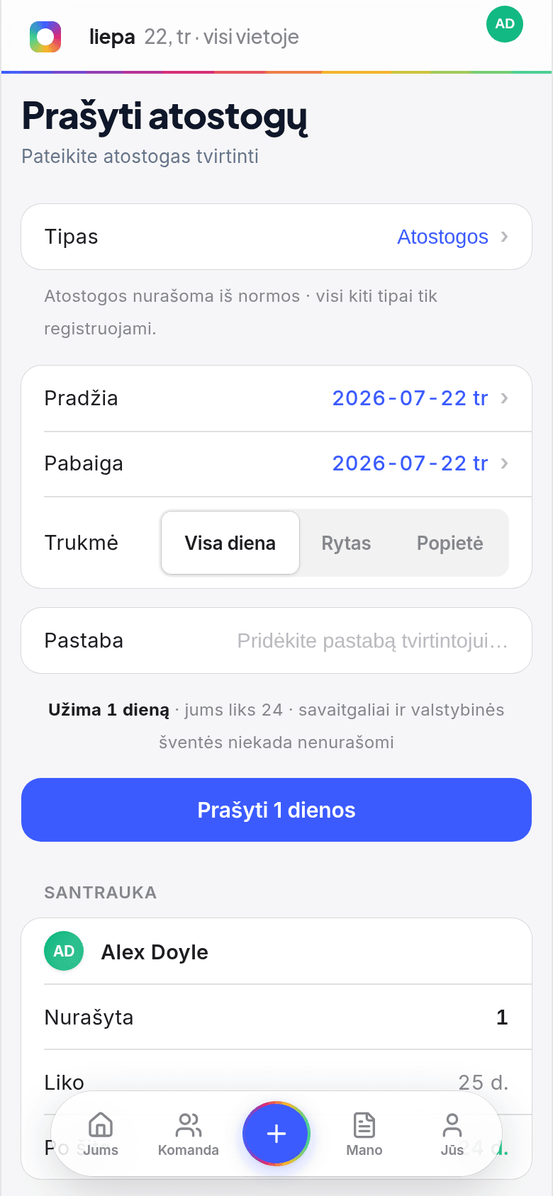 Atostogų prašymas iš telefono Book Time Off programoje, su išskaičiavimu iš teisės ir visos ar pusės dienos pasirinkimu