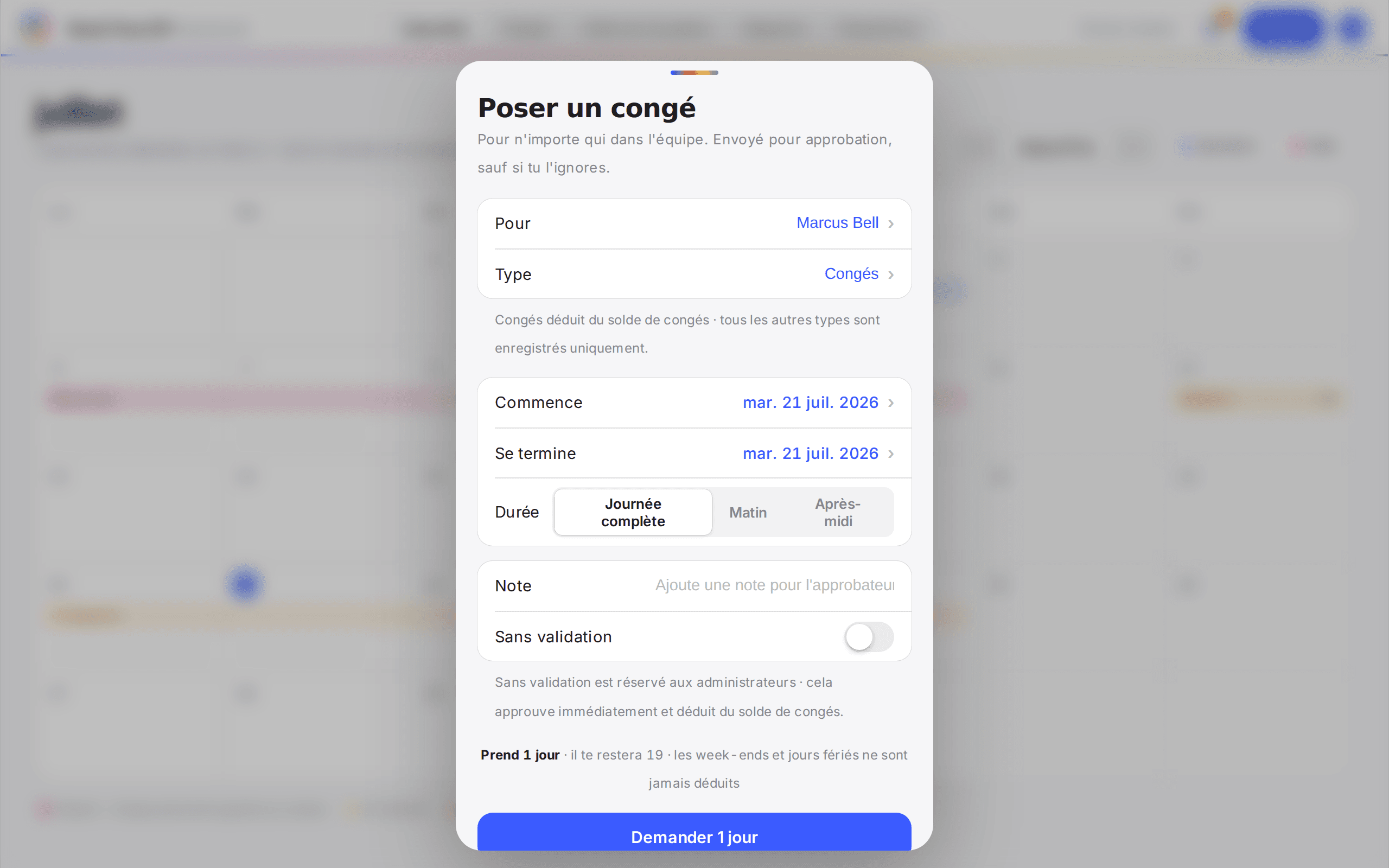 La fiche de réservation avec une ligne Pour et le type de congé