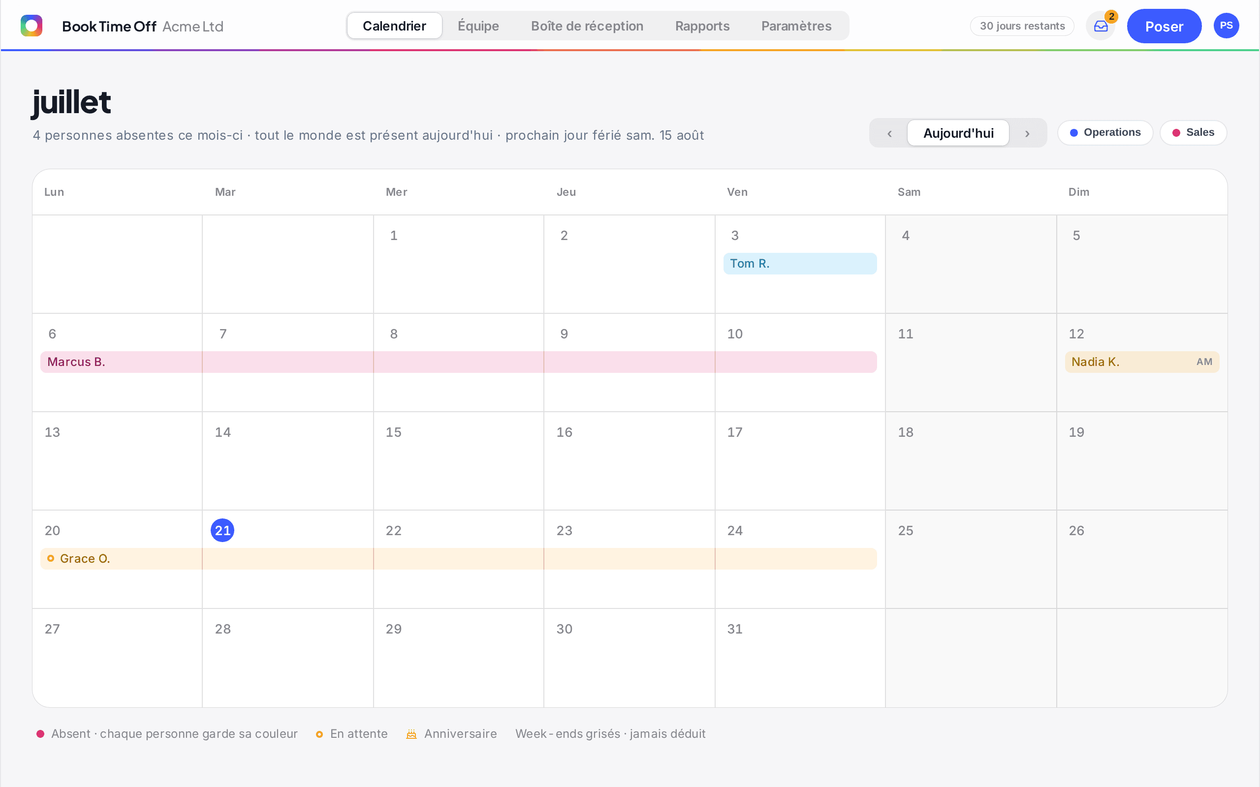 Calendrier partagé Book Time Off de juin montrant qui est absent, les demandes en attente, les anniversaires et le prochain jour férié