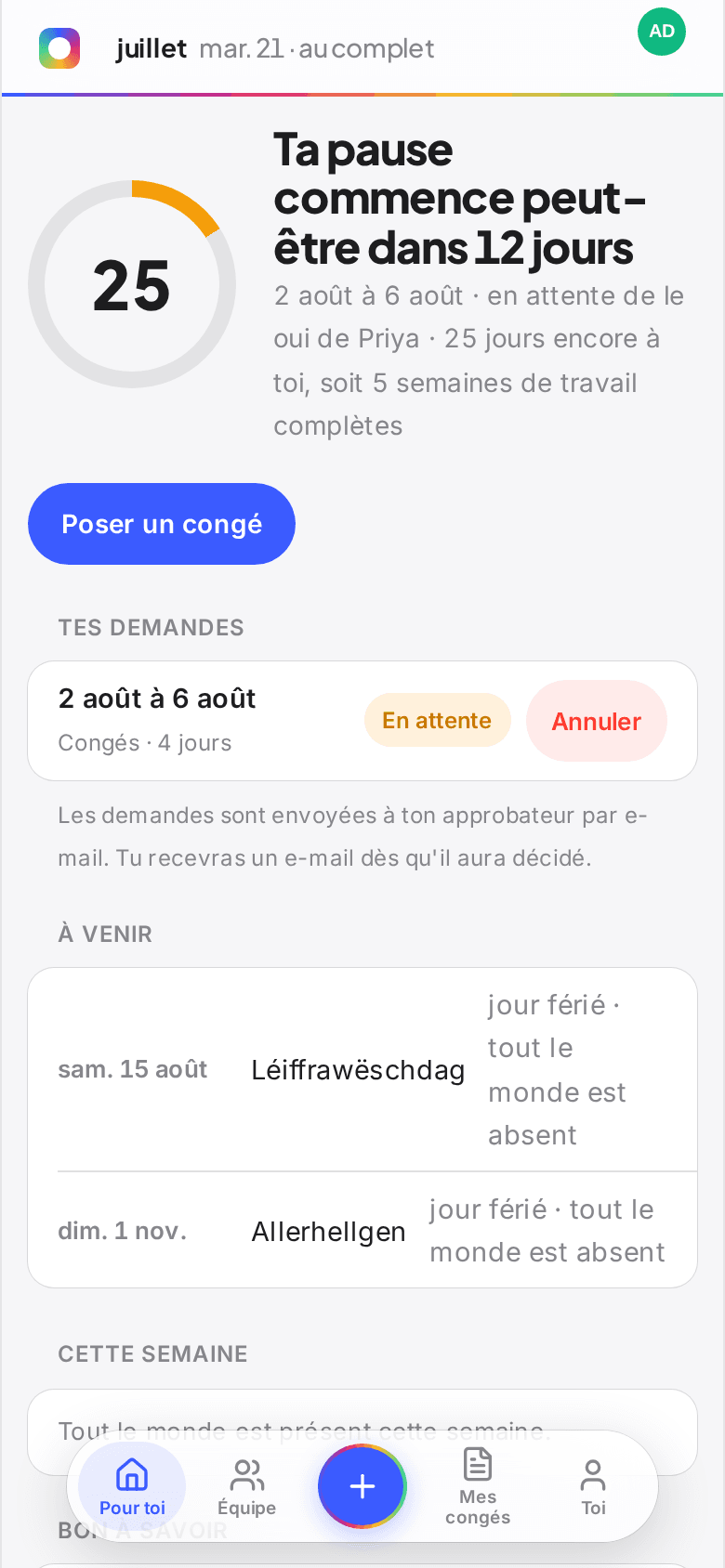 L'écran d'accueil salarié de Book Time Off avec le solde en anneau, les congés à venir et qui est absent cette semaine