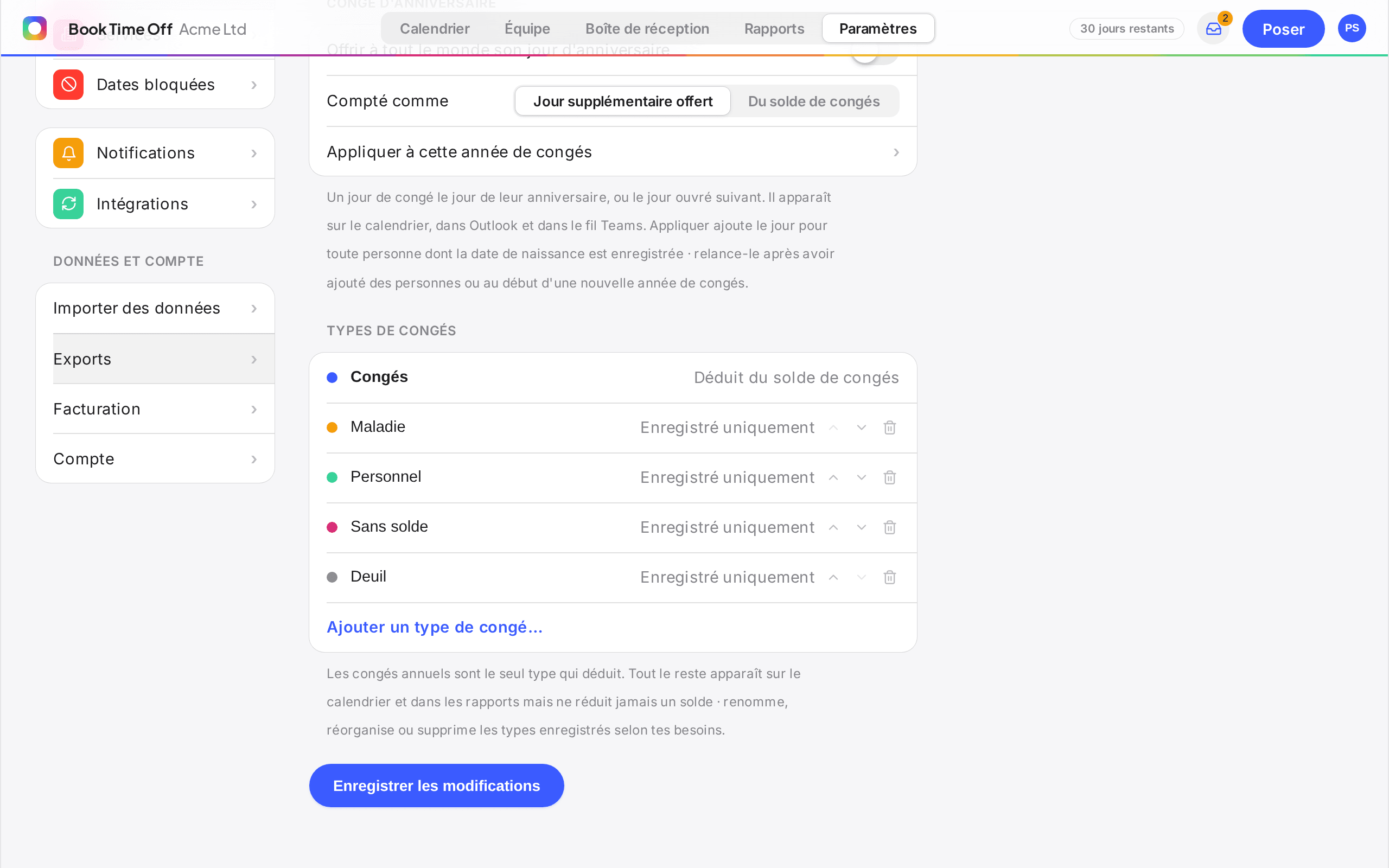 Les paramètres Types de congé affichant la liste modifiable et le bouton Ajouter un type de congé