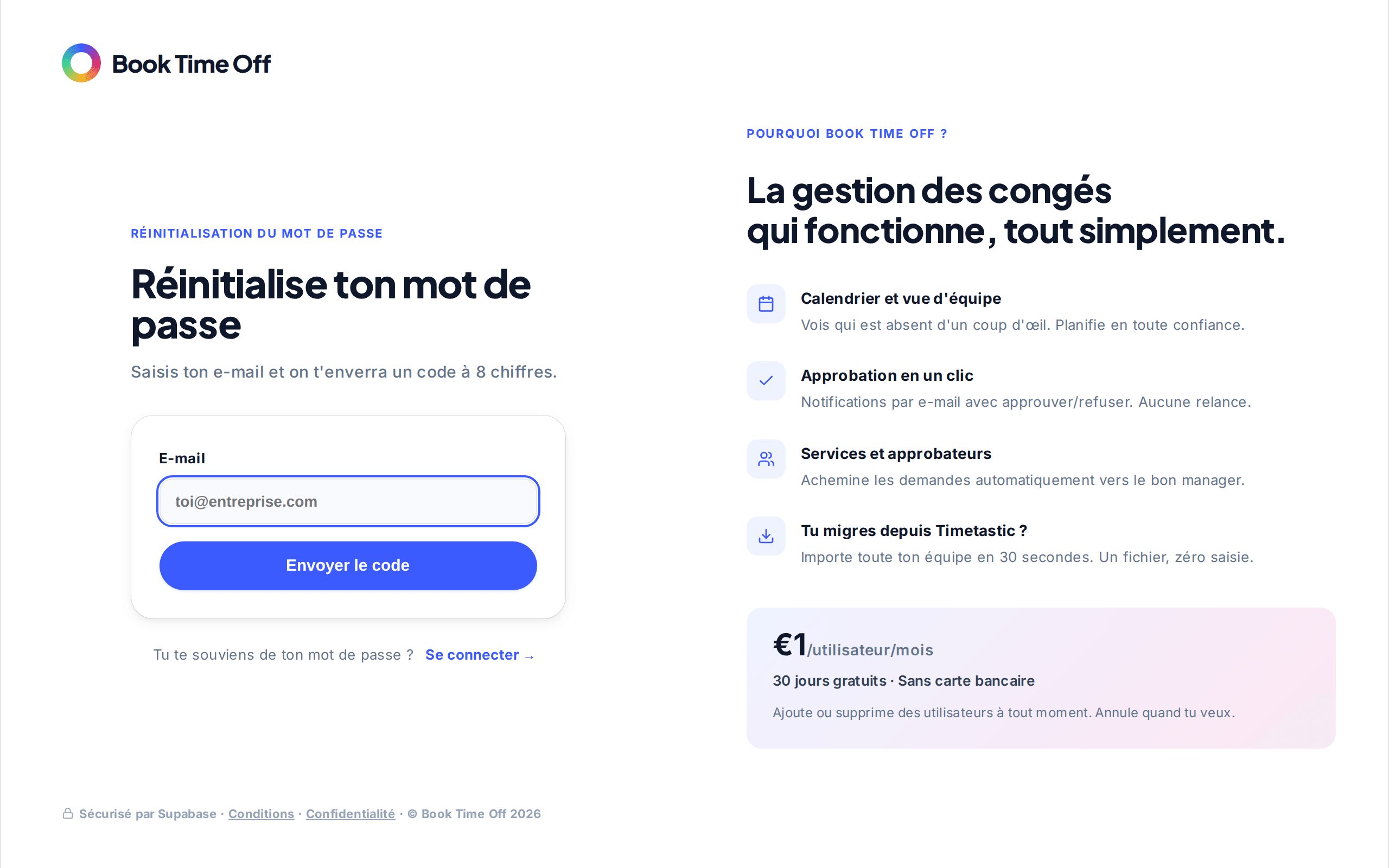L'écran Réinitialiser votre mot de passe avec un champ e-mail et un bouton Envoyer le code