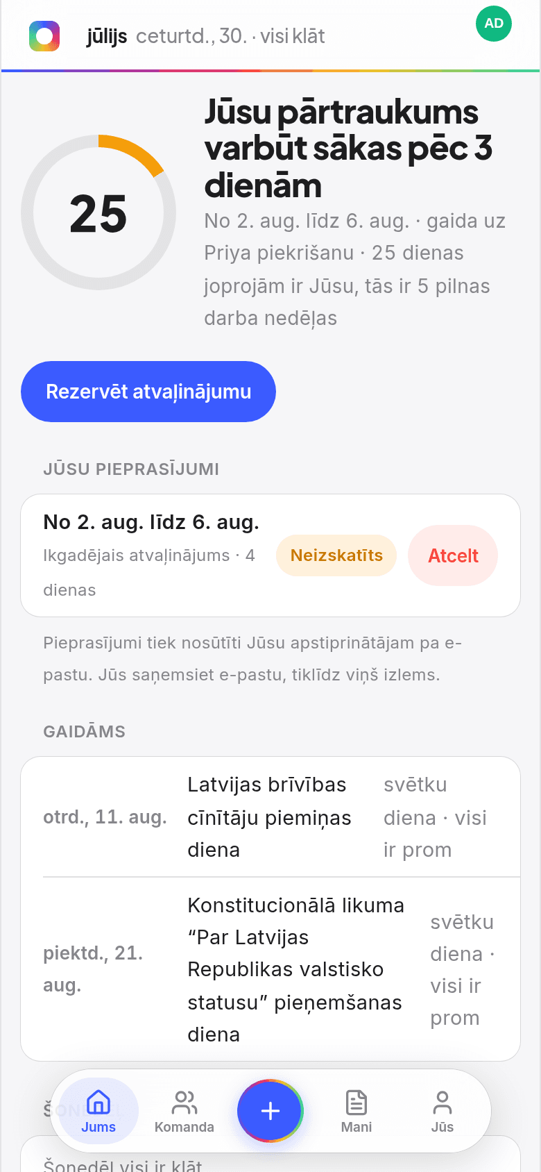 Darbinieka sākumekrāns Book Time Off, kas rāda atlikušās dienas riņķī, gaidāmos atvaļinājumus un to, kurš šonedēļ ir prom