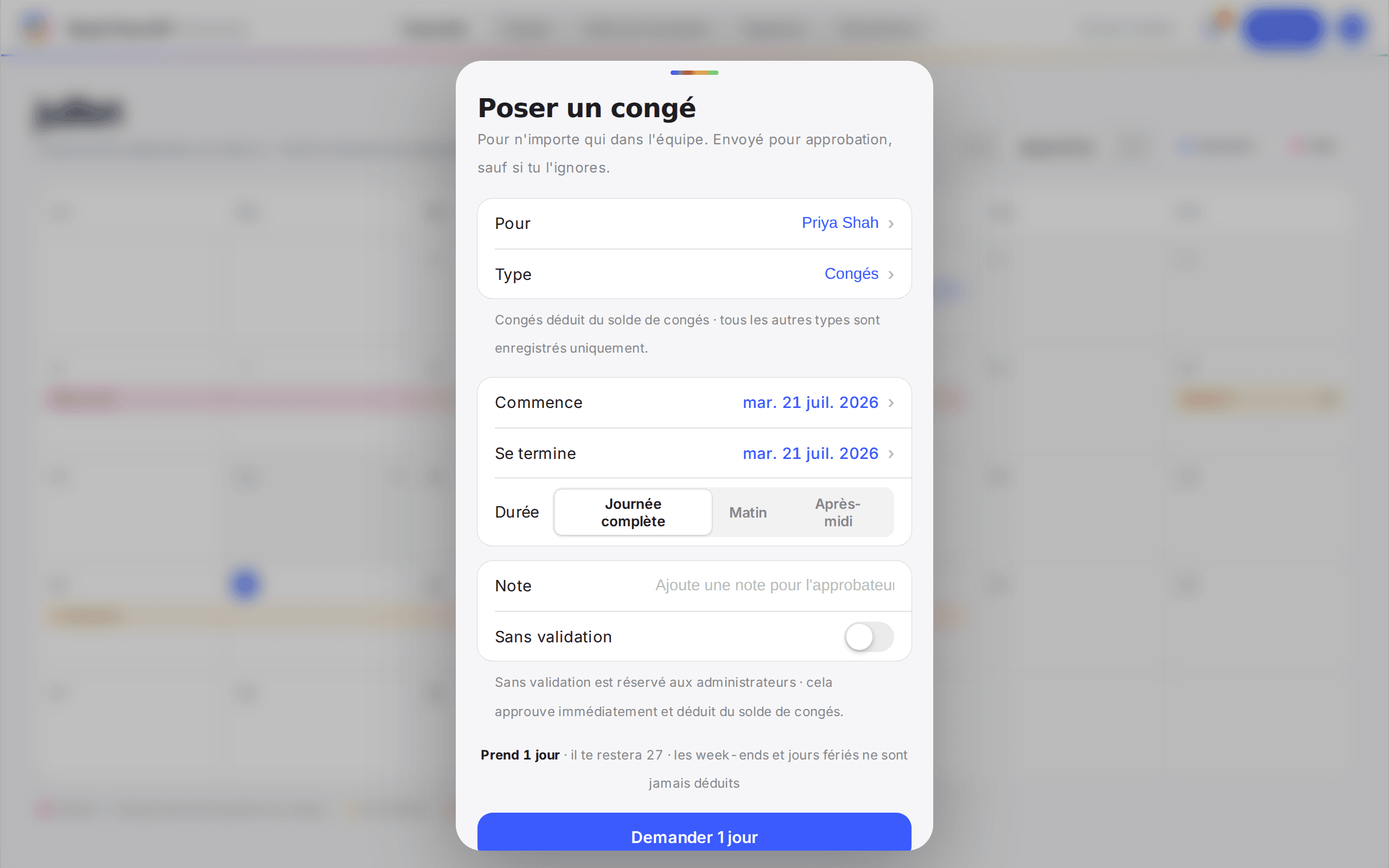 La fiche de réservation avec une ligne Pour et le type de congé