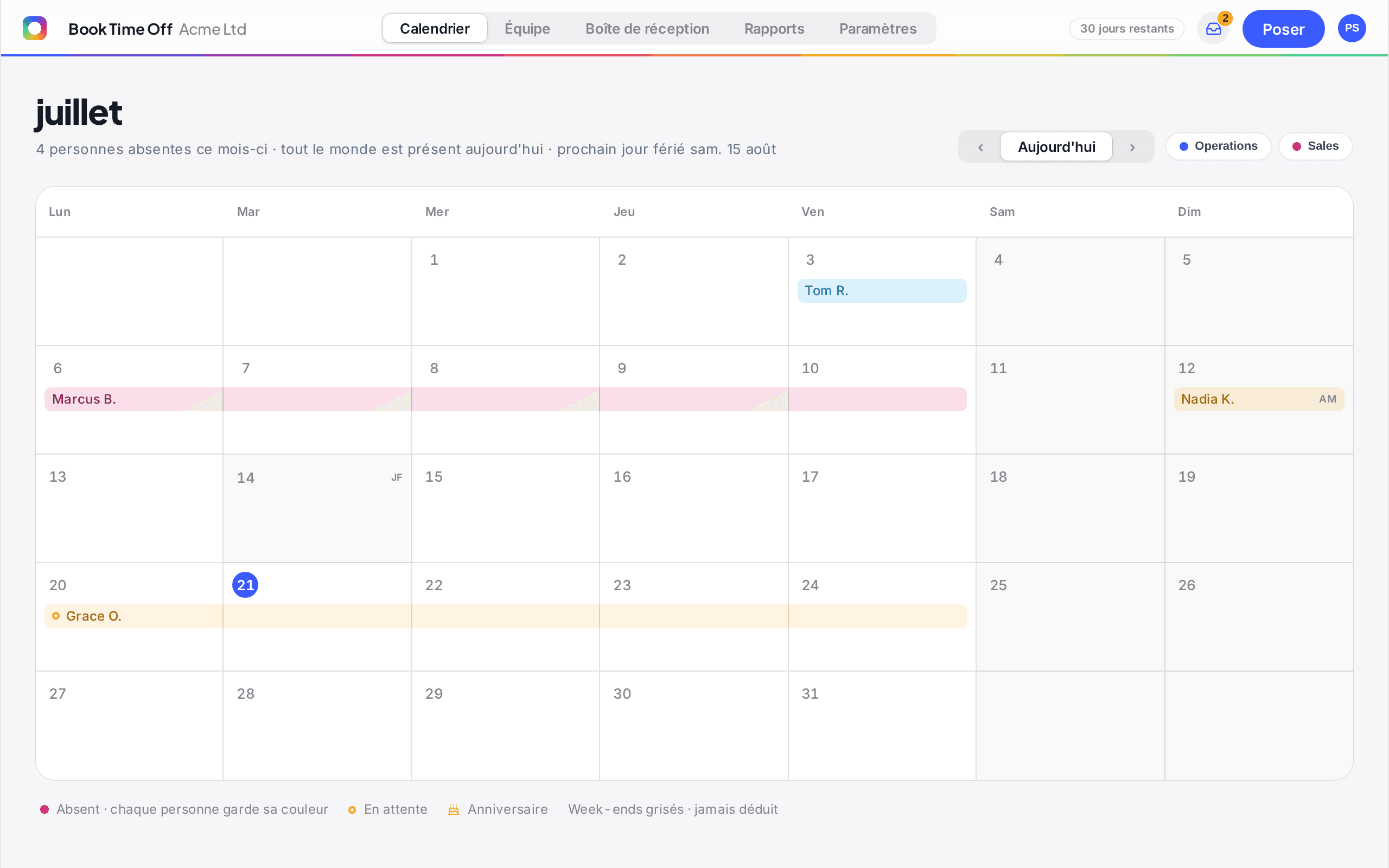 Calendrier partagé Book Time Off de juin montrant qui est absent, les demandes en attente, les anniversaires et le prochain jour férié