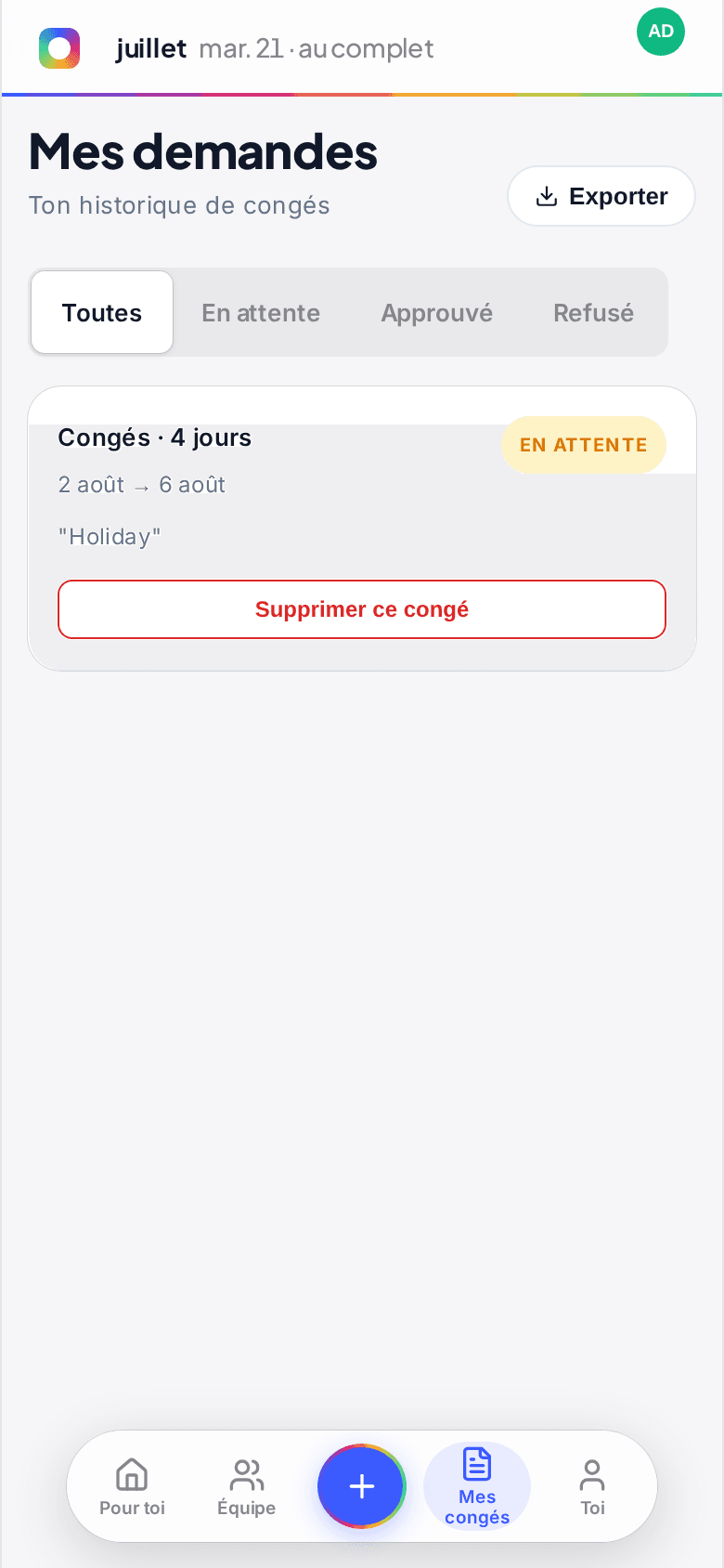 L'écran Mes demandes sur un téléphone montrant une demande en attente avec un bouton Supprimer ce congé