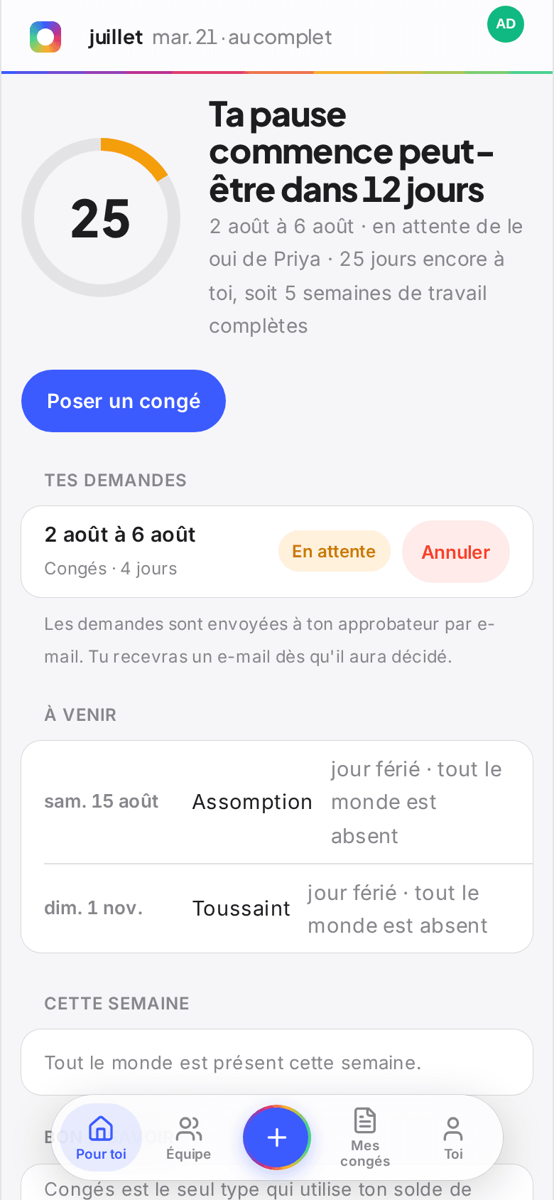L'écran d'accueil salarié de Book Time Off avec le solde en anneau, les congés à venir et qui est absent cette semaine