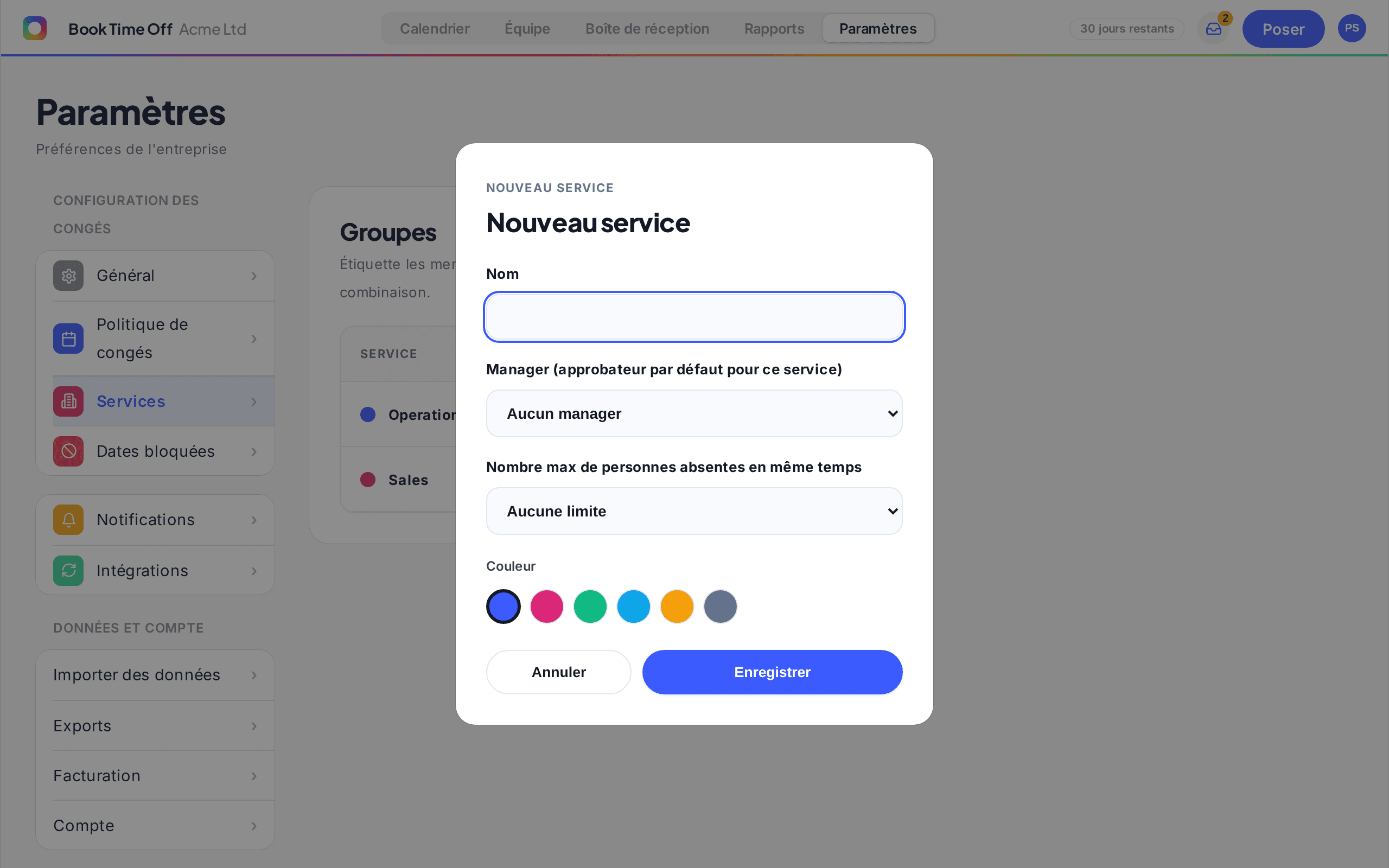 Le formulaire Nouveau service montrant Nom, Responsable et Maximum d'absents en même temps