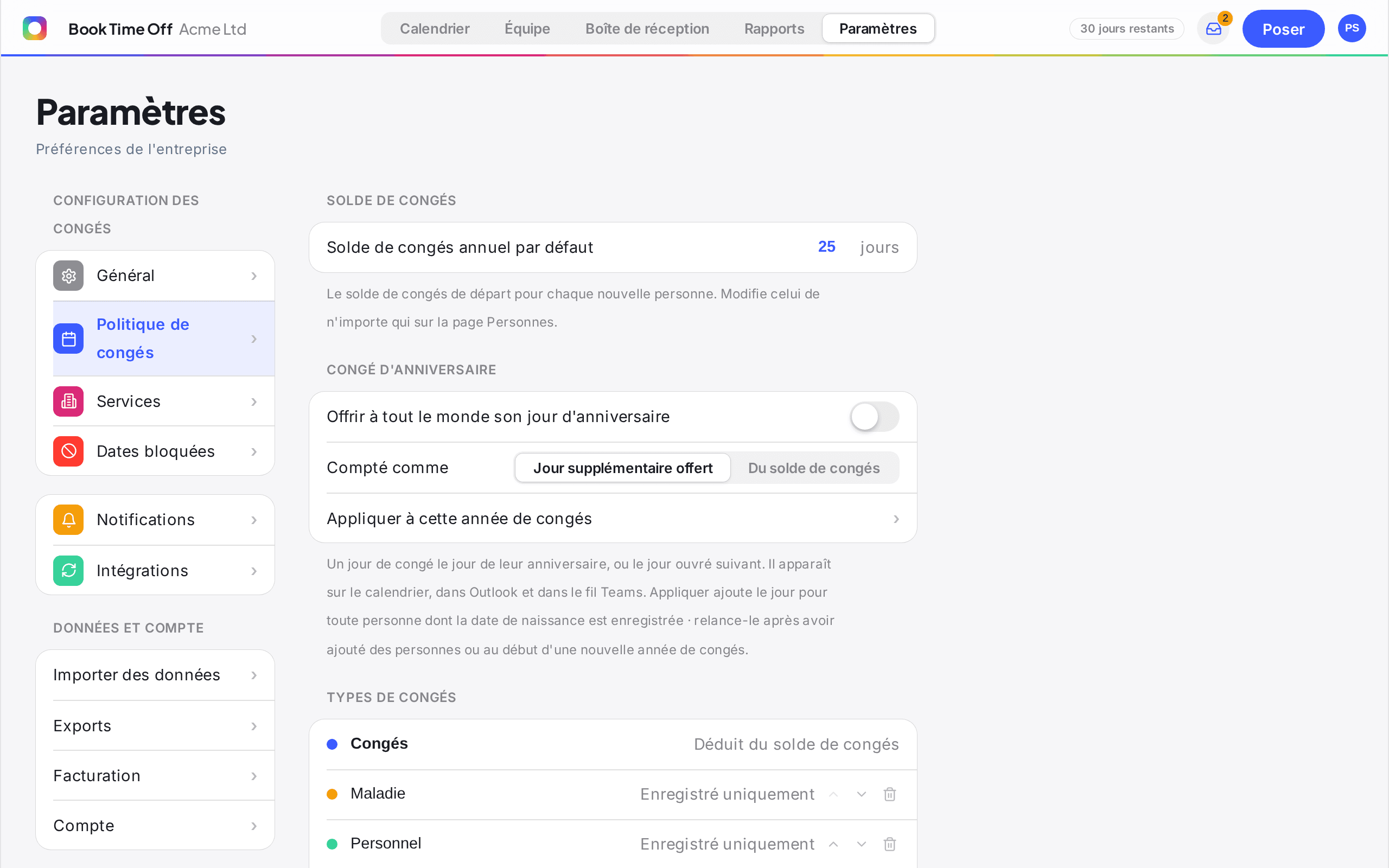 Les paramètres Types de congé montrant la liste modifiable et le bouton Ajouter un type de congé