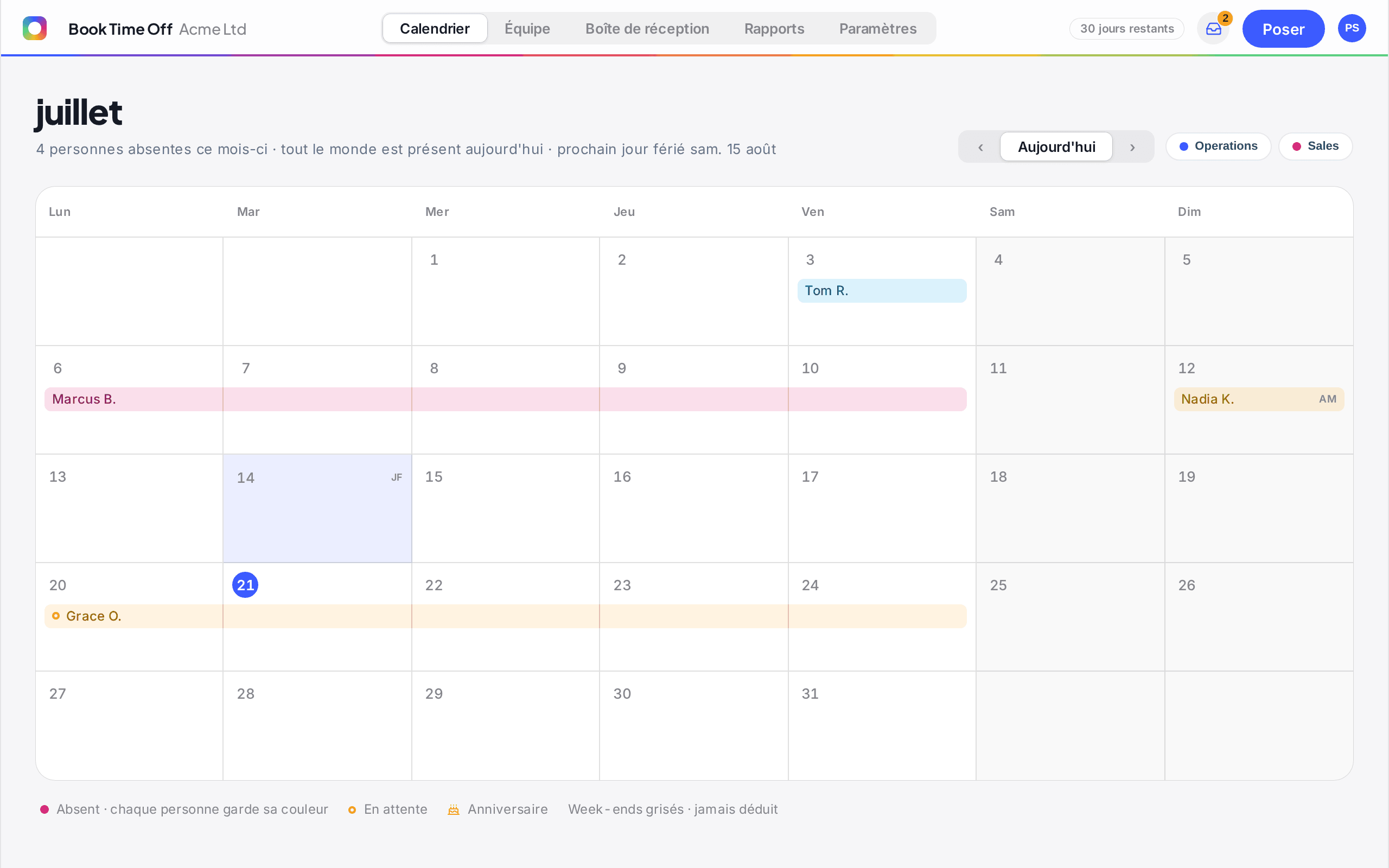 Le calendrier Book Time Off montrant les congés réservés de l'équipe pour le mois