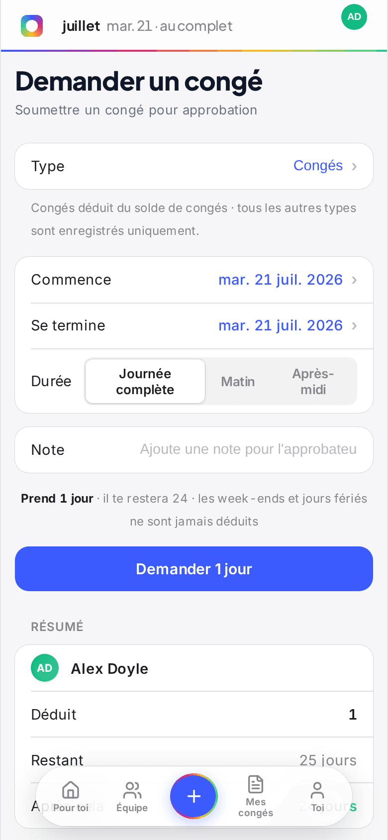 Demande de congé depuis un téléphone dans Book Time Off, avec décompte du droit et choix journée entière ou demi-journée