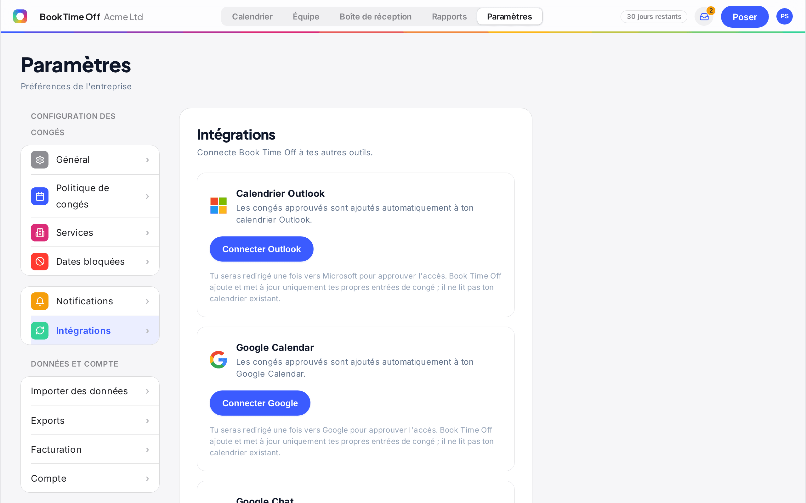 Les paramètres Intégrations montrant l'option de connexion du calendrier Outlook