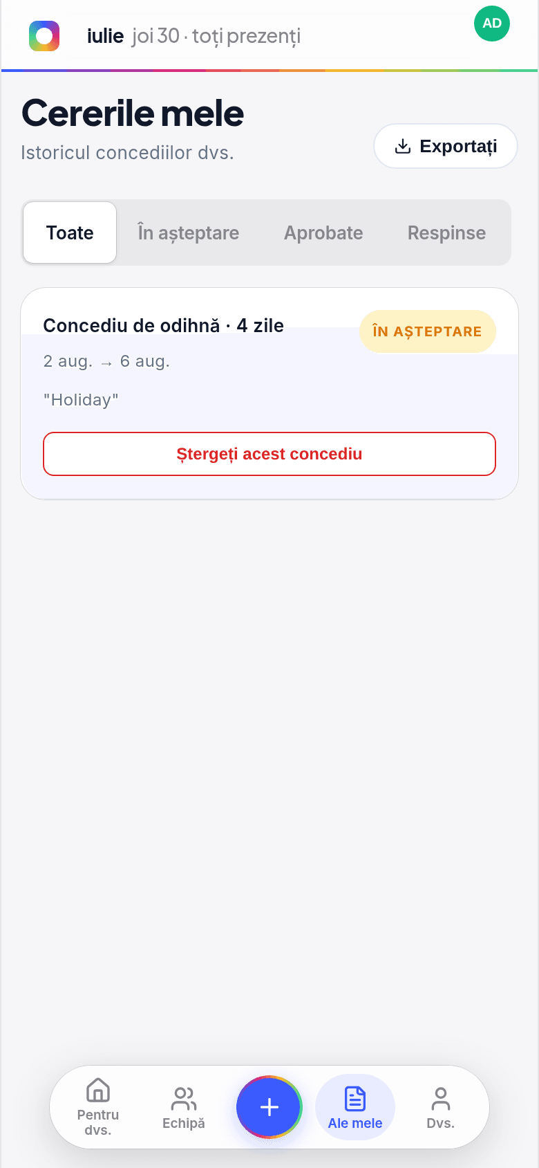Ecranul Cererile mele pe telefon, cu o cerere în așteptare și un buton Șterge acest concediu