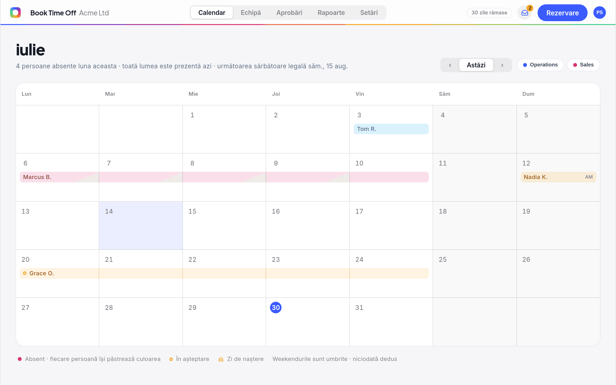 Calendarul Book Time Off cu concediul rezervat al echipei pentru luna respectivă