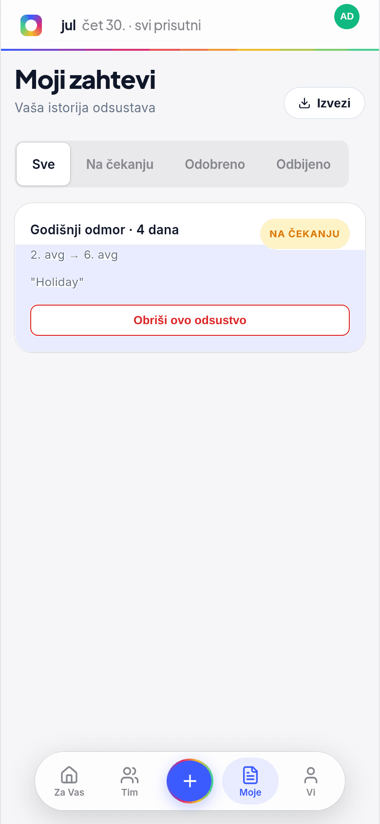 Ekran Moji zahtjevi na telefonu sa prikazom zahtjeva na čekanju sa dugmetom Obriši ovo odsustvo