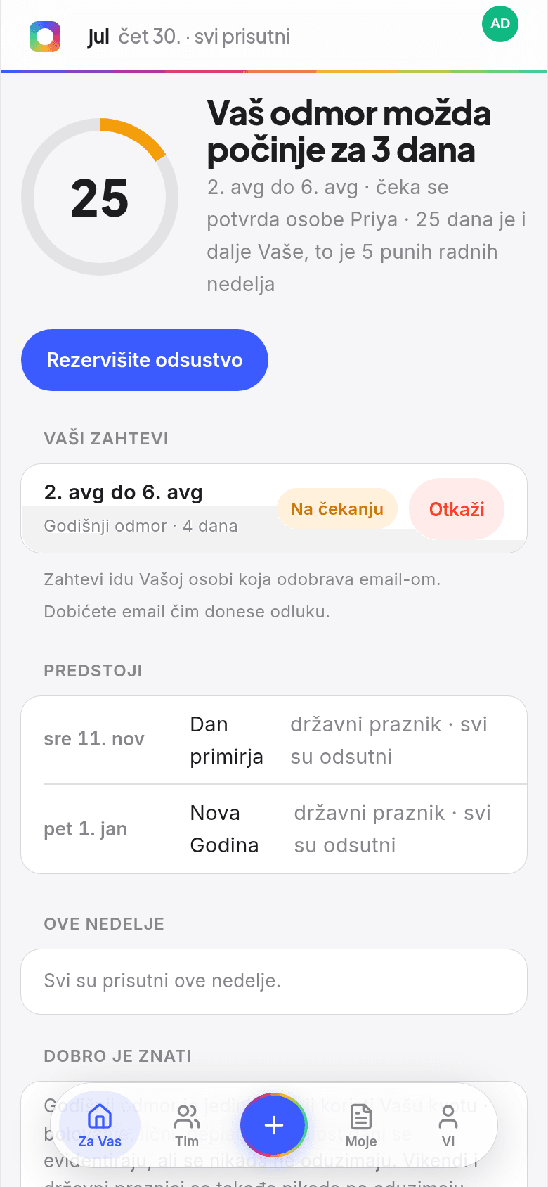 Početni ekran zaposlenog u Book Time Off sa preostalim danima na prstenu, nadolazećim odmorom i pregledom ko je ove nedjelje odsutan