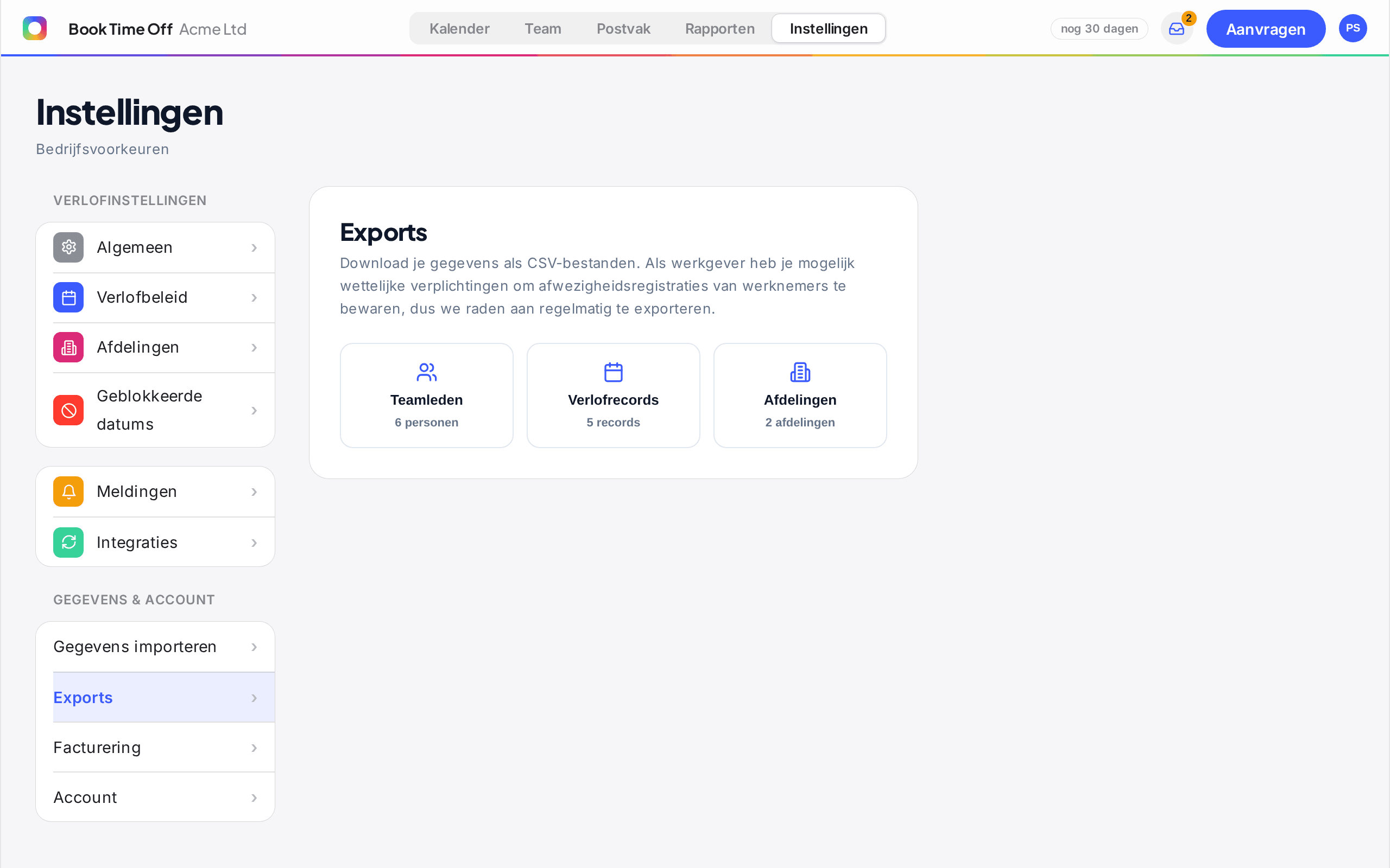 Het scherm Exports met downloadknoppen voor Teamleden, Verlofgegevens en Afdelingen