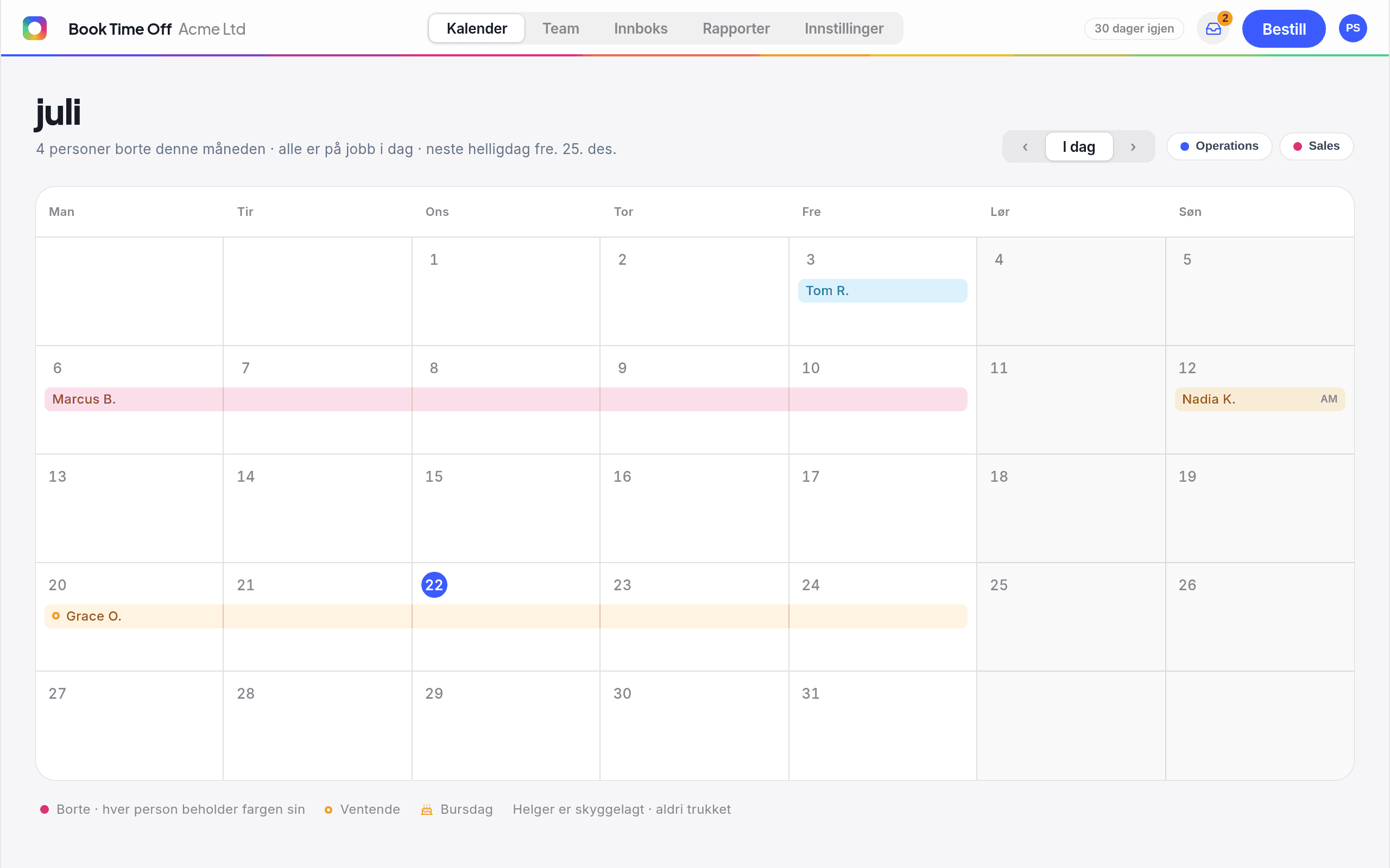 Delt Book Time Off-kalender for juni som viser hvem som er borte, ventende søknader, bursdager og neste helligdag