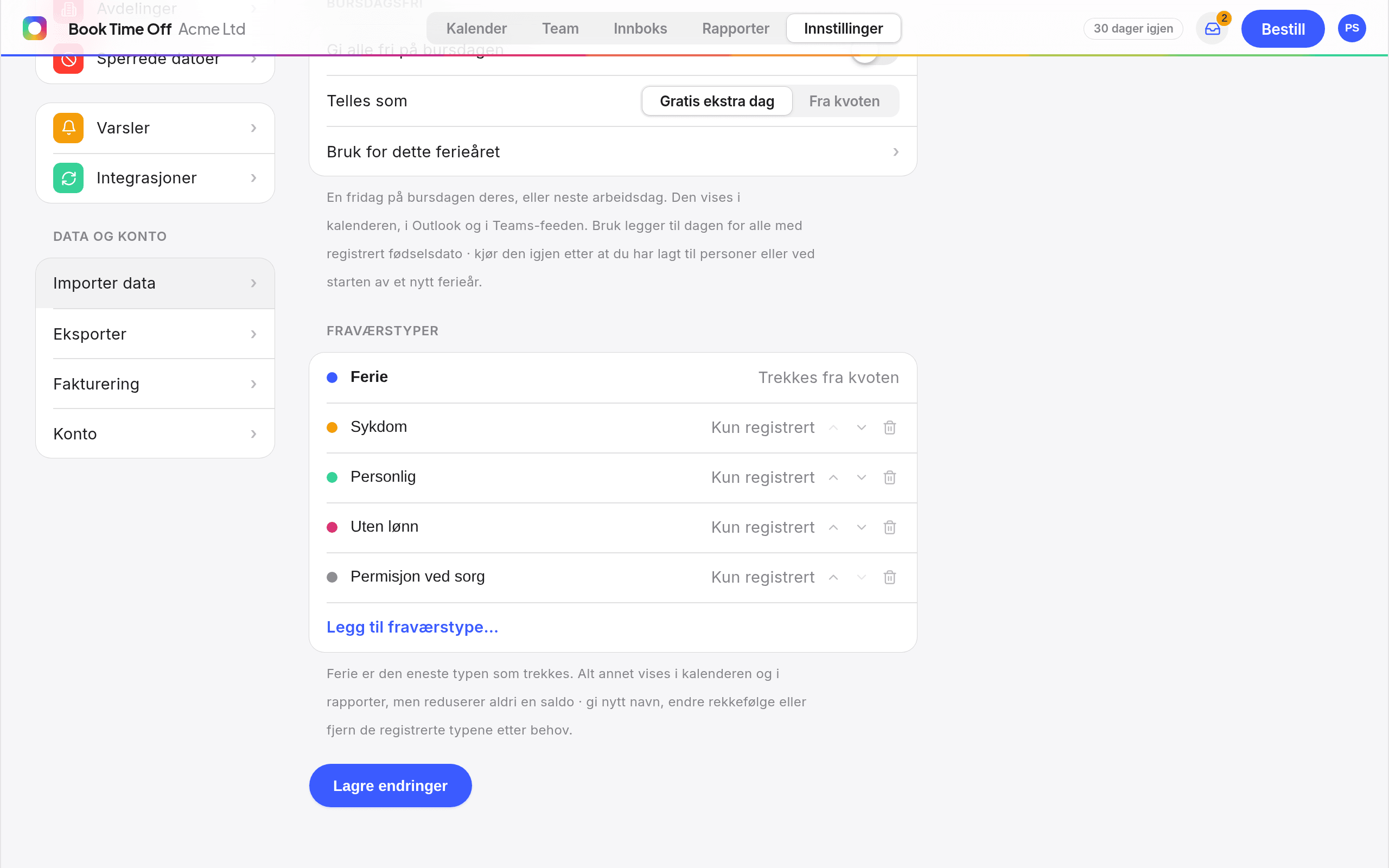 Leave types-innstillingene som viser den redigerbare listen og Add leave type-knappen