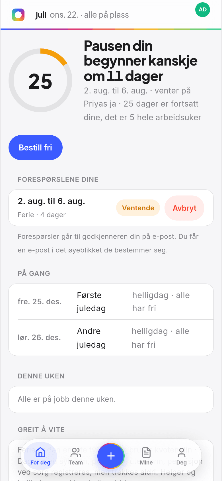 Hjemskjermen i Book Time Off på en telefon, som viser årsringen, gjenværende dager og den flytende menylinjen