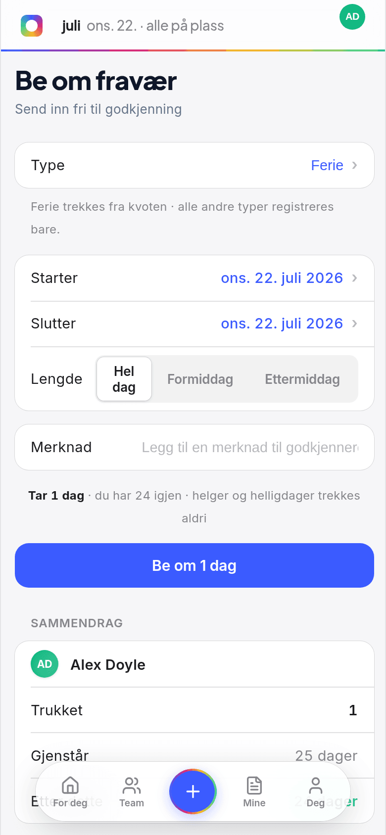 Feriesøknad fra mobilen i Book Time Off, med dager som trekkes fra kvoten og valg mellom hel dag og halv dag
