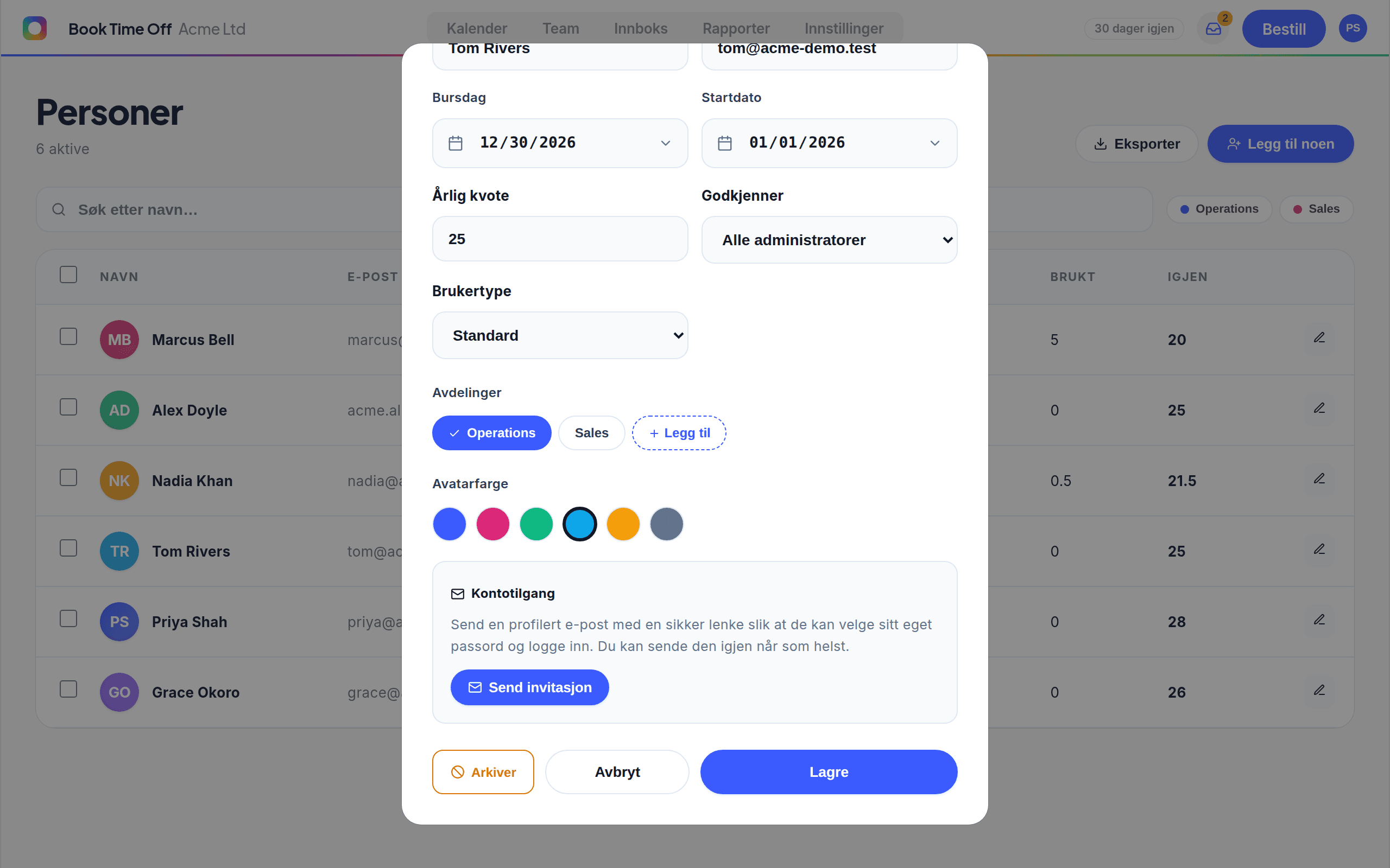 Medlemspanelet som viser Account access-seksjonen og en Send invite-knapp