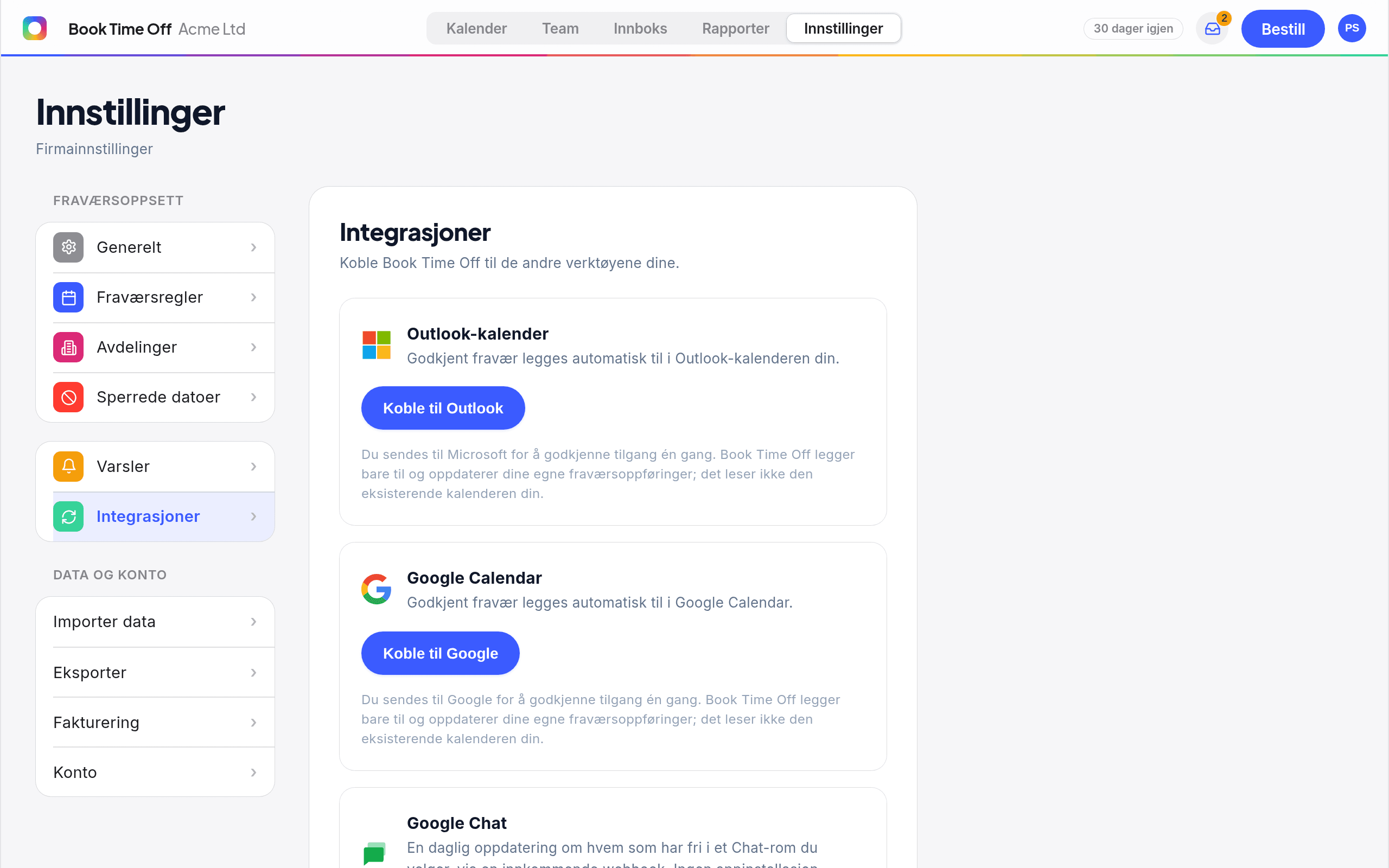 Integrations-innstillingene som viser tilkoblingsvalget for Outlook-kalender