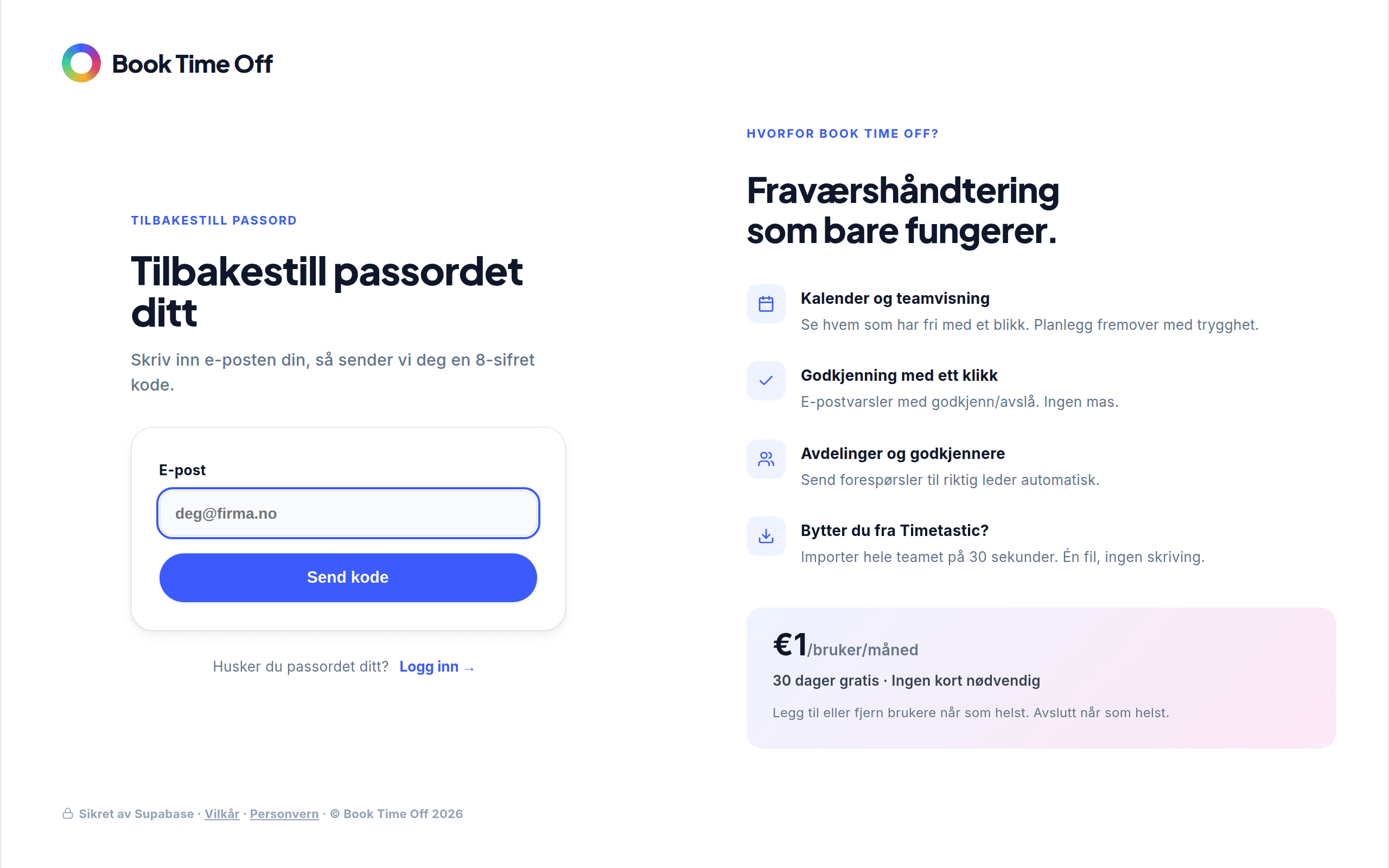 Skjermen for å tilbakestille passordet med et e-postfelt og en Send code-knapp